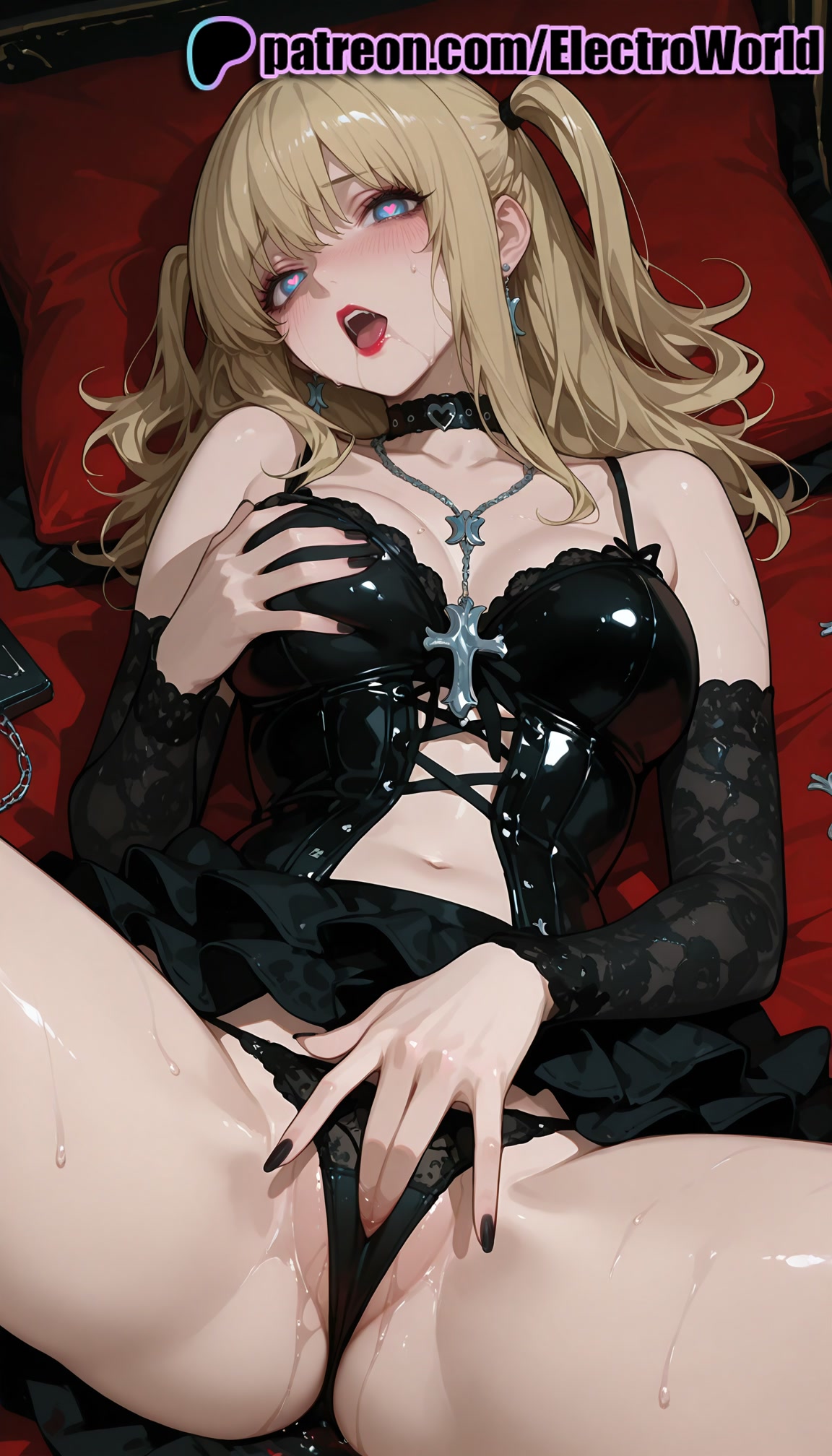1girls, 2025, ai generated, artist name, black nails, black panties, blue eyes, blush, breasts, bust, chest, choker, death note, earrings, electroworld, female, heart, heart-shaped pupils, hi res, high quality, high resolution, highres, jewelry, laying down, legs apart, legs spread, long hair, lying, lying on back, misa amane, nail polish, navel, necklace, on back, open legs, open mouth, panties, patreon, patreon username, pillow, pink nails, solo, splayed legs, spread legs, stable diffusion, symbol-shaped pupils, two side up, underwear, watermark