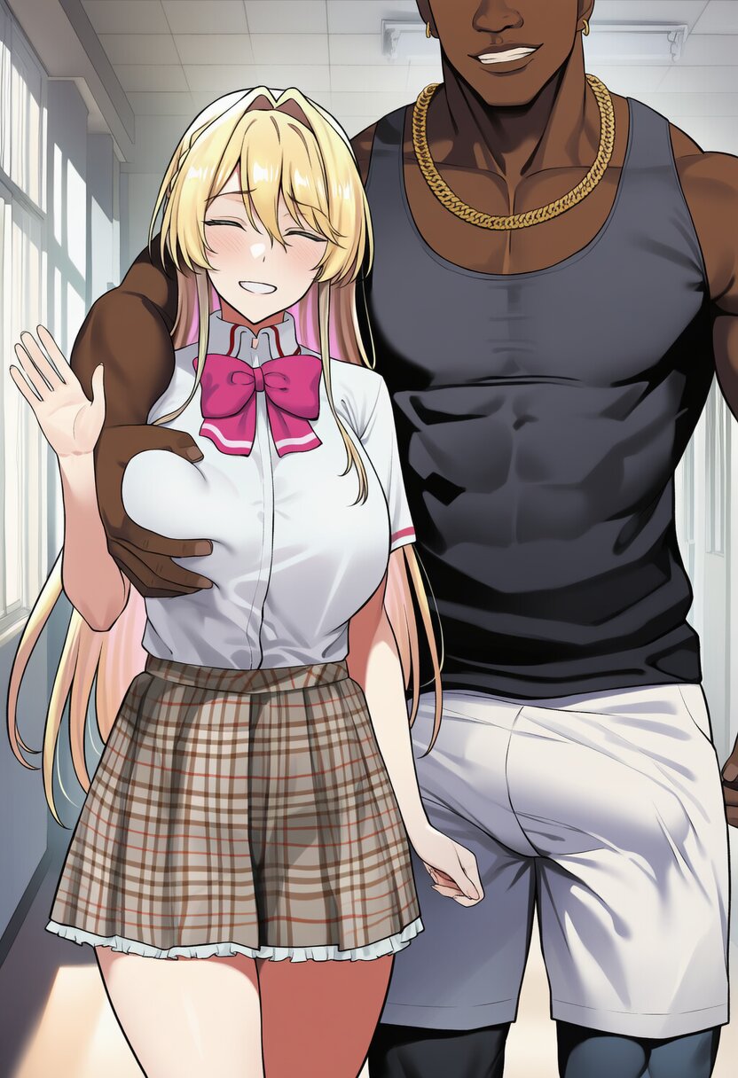 1boy1girl, ai generated, arm around shoulder, blush, breast grab, breasts, bulge, cheating, closed eyes, cuckold, dark skin, dark-skinned male, erection under clothes, female, height difference, huge breasts, imminent sex, interracial, large breasts, lesbian correction, lesbian with male, light skin, light-skinned female, male, muscular, muscular male, nervous, nervous smile, netorare, ntr, ouzuka mai, pathetic male, school uniform, shy, size difference, very dark skin, very muscular, watashi ga koibito ni nareru wake naijan murimuri, waving