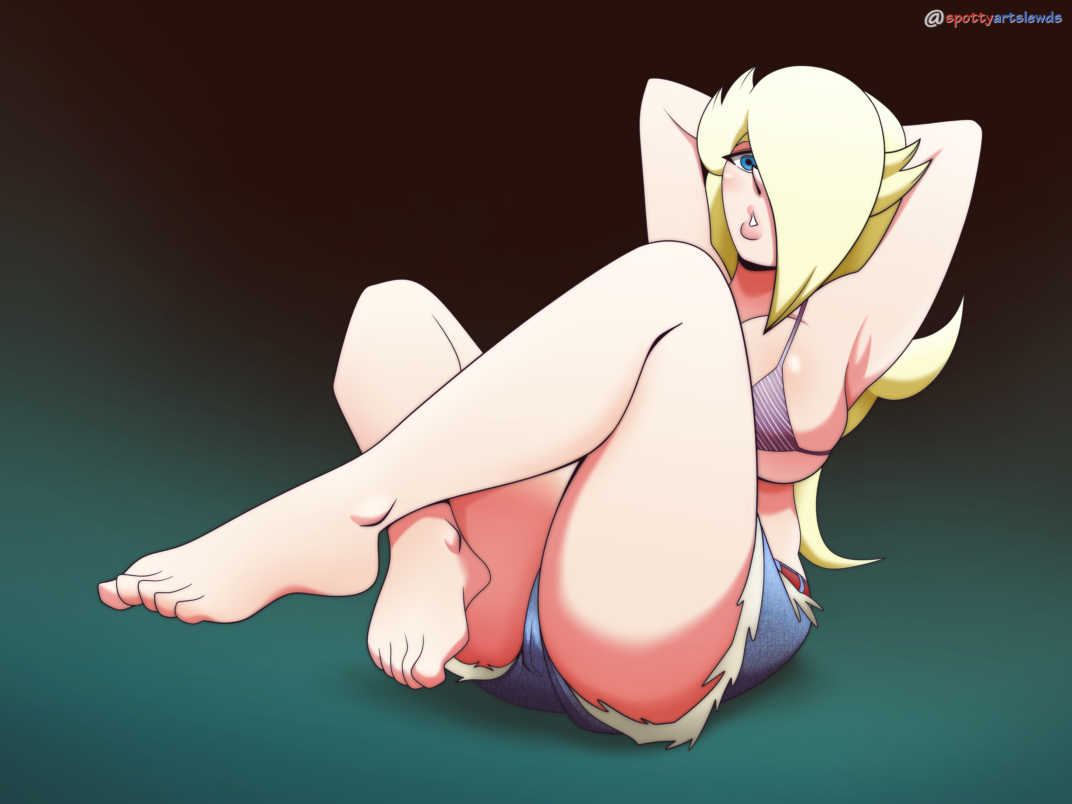 1girls, arms behind head, arms up, barefoot, big breasts, bikini, bikini top, black bikini, blonde hair, blue background, blue eyes, breasts, feet, female, female only, full body, gradient background, hi res, jean shorts, laying back, lips, long hair, mario (series), nintendo, princess rosalina, short shorts, shorts, simple background, sitting, solo, spottyartslewd, super mario galaxy, swimsuit, thick thighs, thighs, uncensored