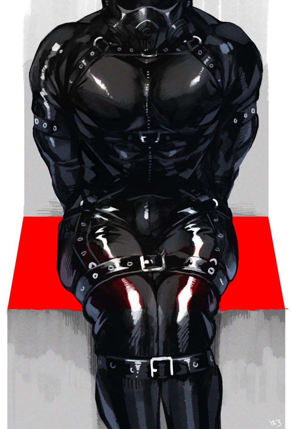 1boy, arms behind back, bdsm, bondage, bondage gear, bondage outfit, bound arms, bound legs, drone, gas mask, harness, latex, latex suit, male, male only, malesub, mask, muscular, muscular male, original, rubber suit, skintight, straps, yukibi (ykb)
