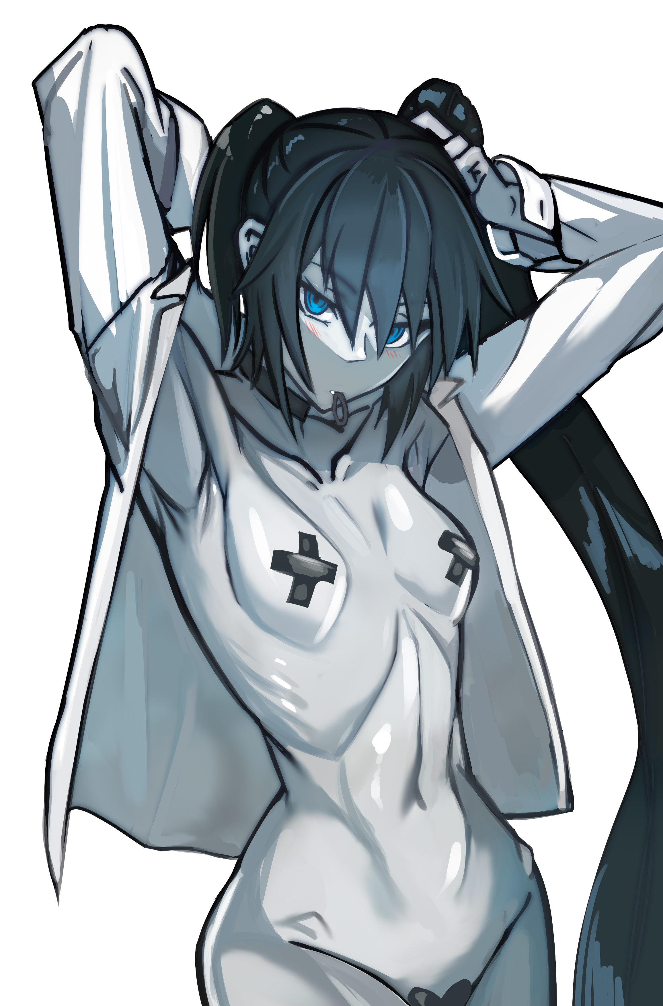 1girls, black choker, black hair, black rock shooter, black rock shooter (character), blue eyes, breasts, cell (artist), chocker, female, high resolution, highres, long hair, nipple tape, pale skin, pale-skinned female, small breasts, solo, solo female, twintails