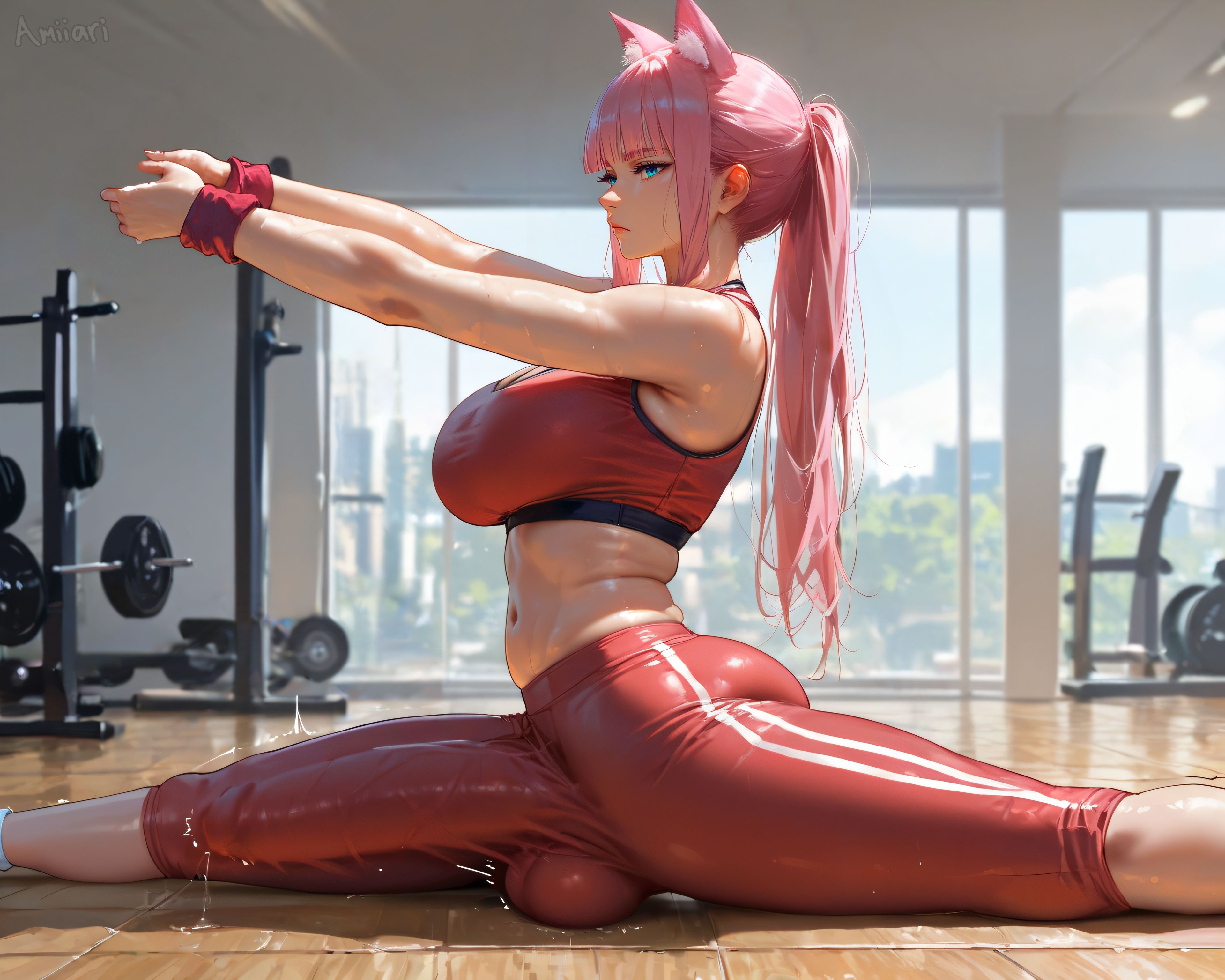 1futa, absurd res, ai generated, amiiari, arms out, balls, balls bulge, big breasts, big penis, blue eyes, blue hair, blunt bangs, bored, breasts, bulge, bulge through clothing, casual, cat ears, cat girl, cat tail, catgirl, detailed, dickgirl, dripping, erection, erection under clothes, female, futanari, gym, gym clothes, gym uniform, hand on penis, highres, holding penis, huge breasts, intersex, koneko dolls, large penis, legs apart, locker room, lockers, long penis, massive penis, open legs, penis, penis bulge, penis outline, penis to the knees, penis under clothes, pink hair, skindentation, splits, sports bra, stretching, sweatpants, yoga pants