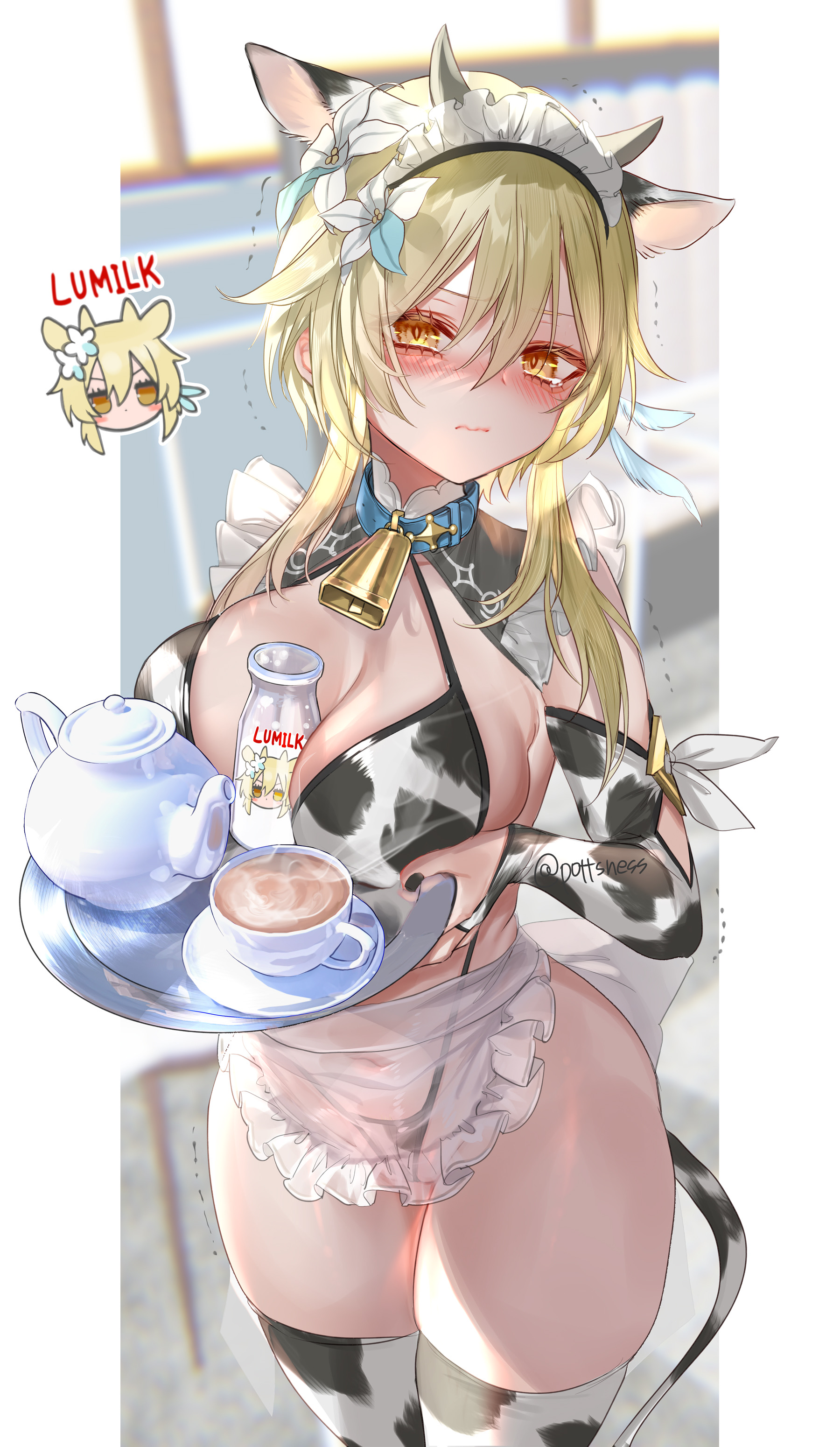 1girls, absurd res, bangs, bell, bell collar, between breasts, big breasts, blonde, blonde hair, blush, breast rest, breasts, breasts on tray, collar, cow ears, cow horns, cow print, cow print armwear, cow print bikini, cow print gloves, cow print thong, cow tail, cowbell, detailed background, female, genshin impact, hair between eyes, hair ornament, hi res, highres, hips, huge breasts, large breasts, looking at viewer, lumine (genshin impact), maid, maid apron, maid headdress, milk, pottsness, serving tray, short hair, solo, tears, thick, thick thighs, thighs, wide hips