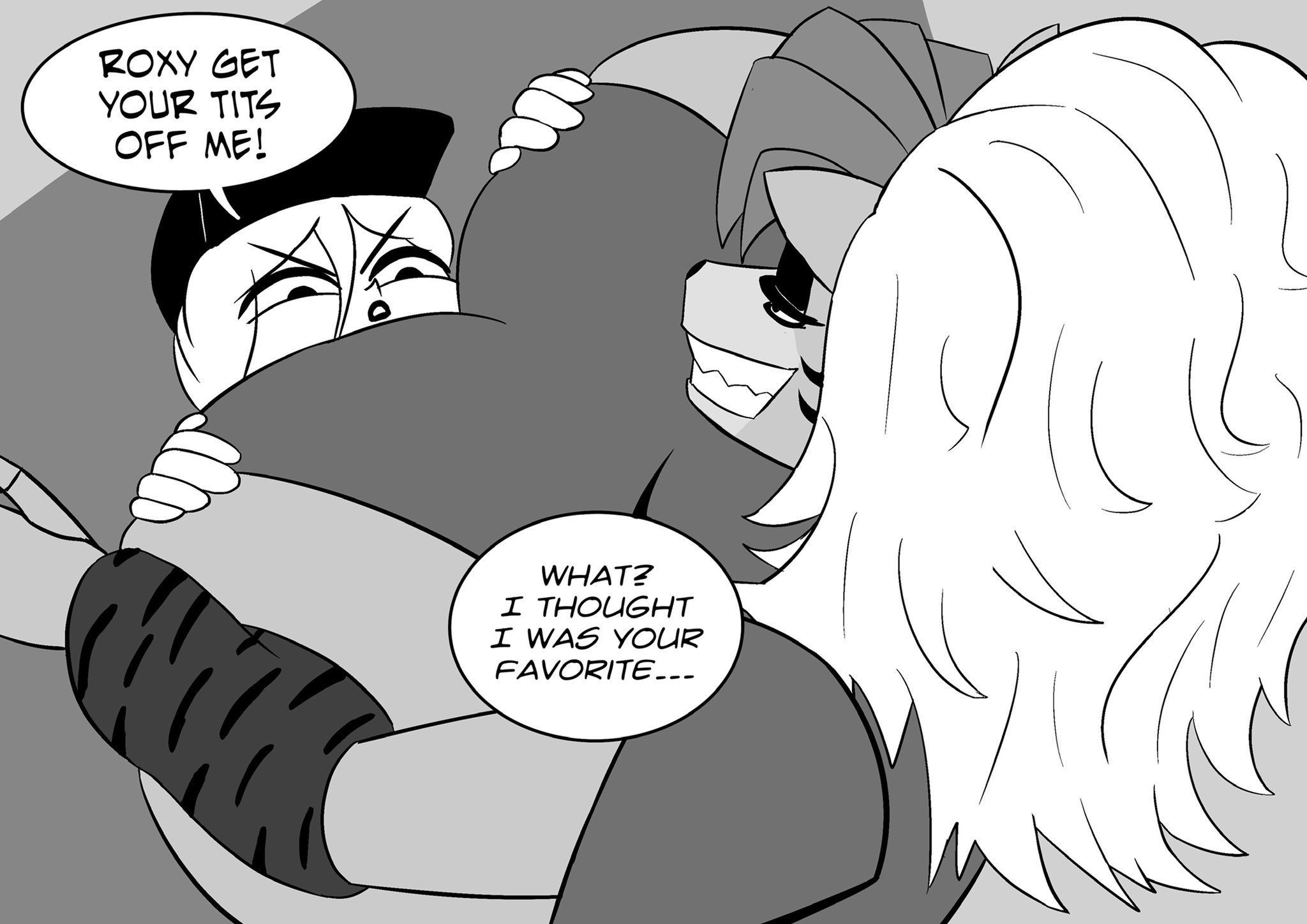 2girls, animatronic, big breasts, breasts, breasts on face, dialogue, edboy90, female, female pervert, five nights at freddy's, five nights at freddy's: security breach, furry, huge breasts, human, interspecies, large breasts, monochrome, roxanne wolf (fnaf), size difference, talking to another, text, text bubble, top heavy, vanessa (fnaf), wolf girl, yuri