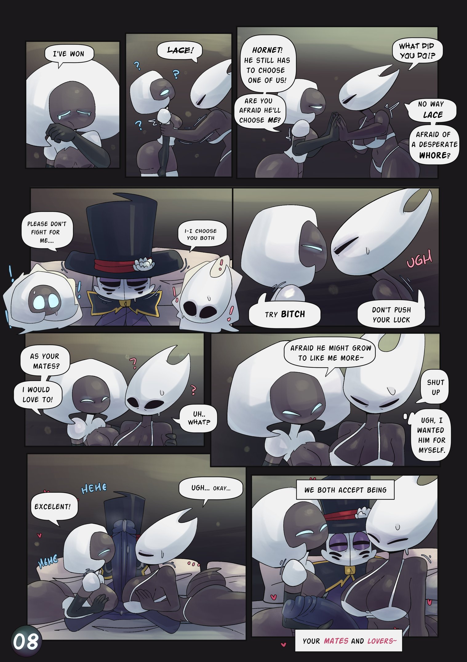 1boy, 2girls, anti groove, arguing, belty42, big ass, big breasts, big butt, big penis, big thighs, blue eyes, bug, comic, ending, english, english text, fighting over boy, grey body, happy ending, hollow knight, hollow knight: silksong, hornet (hollow knight), lace (hollow knight), shorter male, small breasts, smaller male, top hat, tophat, torn clothes, torn clothing, white underwear
