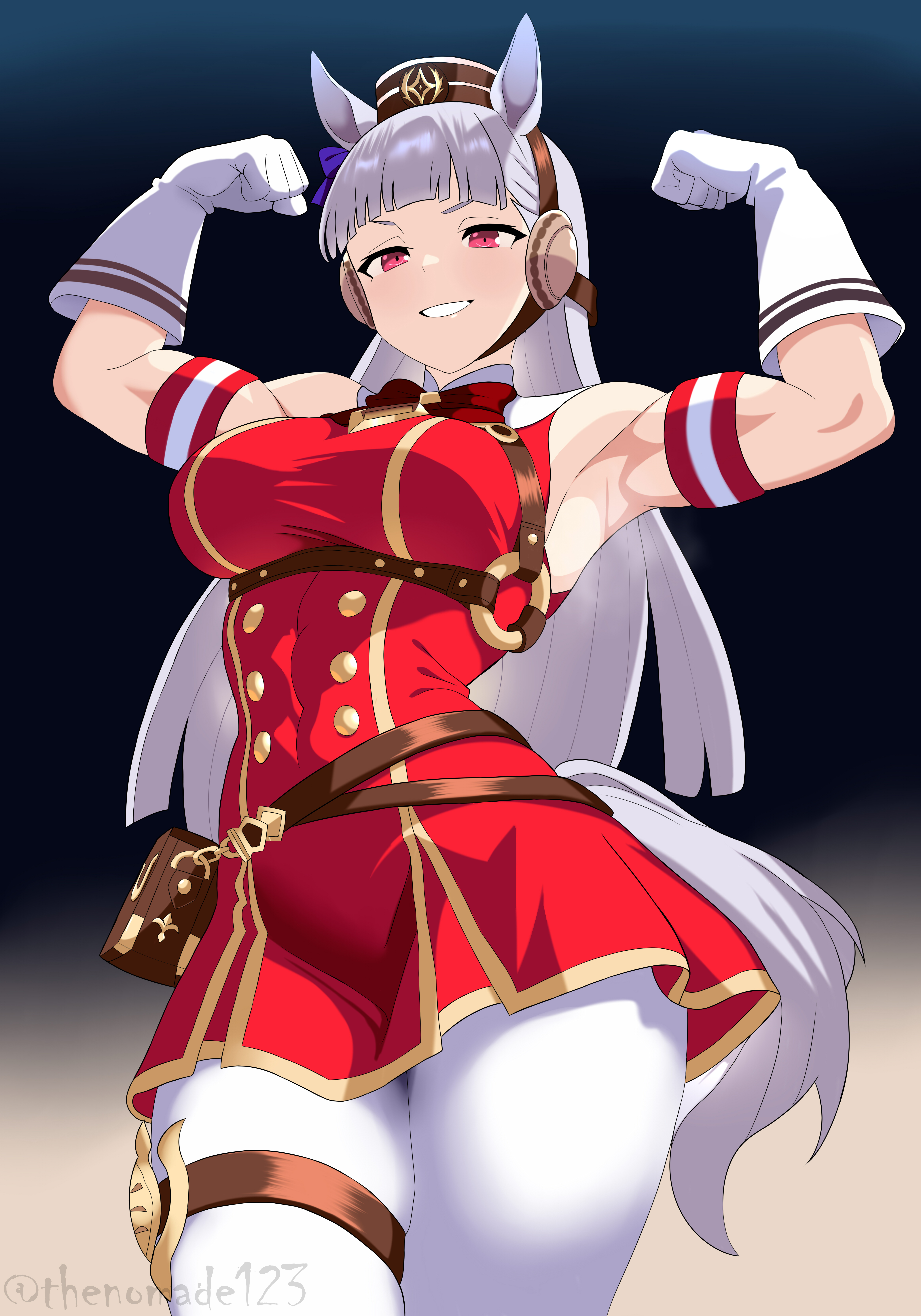 absurdres, animal ears, armband, armpits, belt pouch, blunt bangs, bow, bowtie, breasts, brown hat, dress, ear bow, ear ribbon, female, flexing, gloves, gold ship (red strife) (umamusume), gold ship (umamusume), grey hair, grin, hat, highres, horse ears, horse girl, horse tail, large breasts, leggings, long hair, looking at viewer, muscular, muscular female, open mouth, pantyhose, pillbox hat, pouch, purple bow, purple eyes, red armband, red dress, simple background, sleeveless, sleeveless dress, smile, solo, striped armband, striped clothes, tail, thenomade123, thigh strap, umamusume, umamusume pretty derby, white armband, white gloves, white leggings, white pantyhose
