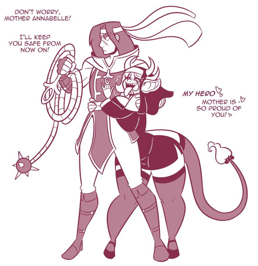 1boy, 1girls, annabelle summerfell (cobatsart), big breasts, bigger male, breasts, cobatsart, cosplay, cross, curvy, demon, drooling, female, horny, hourglass figure, hug, hugging, hugging from behind, knight, long ears, long hair, long tongue, male, muscular, muscular male, nun, pressing breasts, scar, smile, solus (cobatsart), succubus, tail, thick thighs, thirsty, tongue, tongue out, whip, wide hips