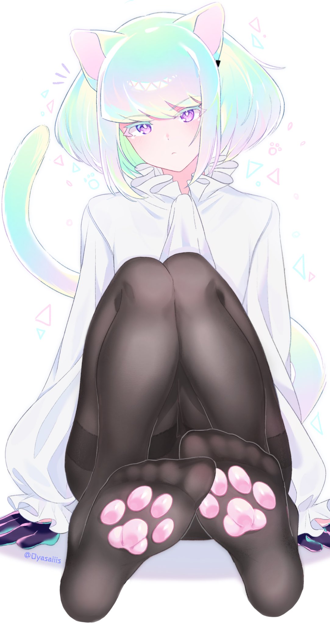 1boy, androgynous, bob cut, cat boy, cat ears, cat tail, clothing, femboy, femboy only, fully clothed, lio fotia, looking at viewer, male, oyasaiiis, pantyhose, promare, short hair, solo, suggestive pose, tight clothing, twink