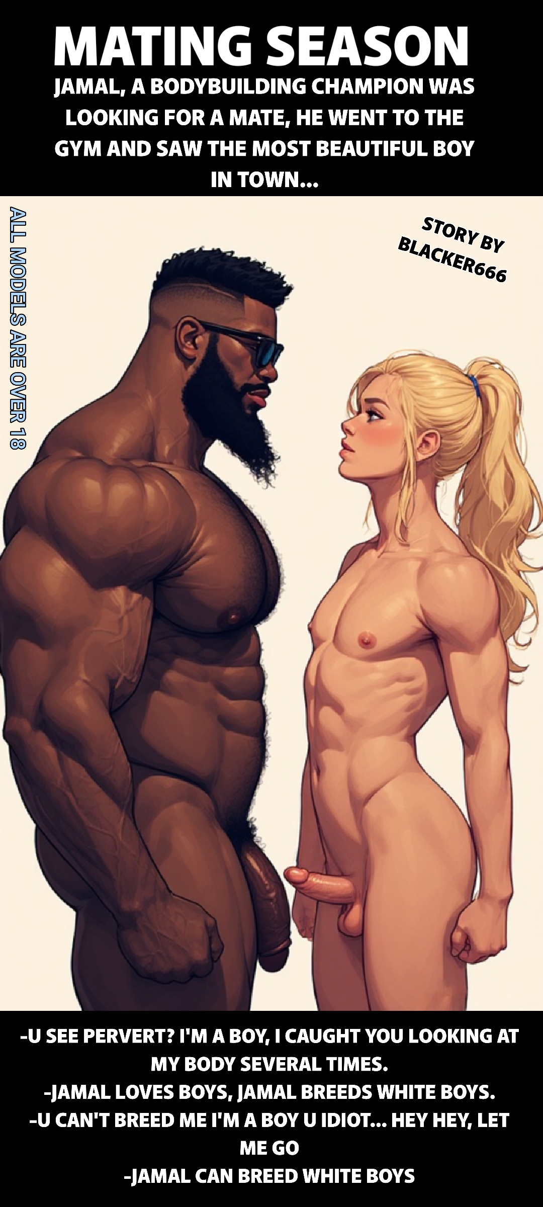 1boy, 1femboy, 2boys, age difference, ai, ai art, ai generated, athletic, athletic male, beard, black hair, blacker666, blonde hair, blonde hair male, boy, breasts, bully, bullying, caption, comic, comic cover, comic page, dark hair, dark skin, dark-skinned male, dominant, dominant male, dominant male submissive male, english text, erect penis, erection, exposed breasts, exposed nipples, exposed penis, exposed torso, facial hair, femboy, feminine male, feminization, fit, fit male, flaccid bigger than erect, gay, height difference, illustration, imminent breeding, interracial, long beard, male, male only, mascular, masculine, masculine male, micropenis, muscles, muscular, muscular male, naked, naked male, nude, nude male, older male, pale skin, pale-skinned male, penis, penis size difference, ponytail, ponytail male, short hair, sissy, sissy caption, size comparison, size difference, small penis, standing, story, sunglasses, teenage male, teenager, teenager boy, text, tiny penis, topless, topless male, trap, twink, white body, white skin, yaoi