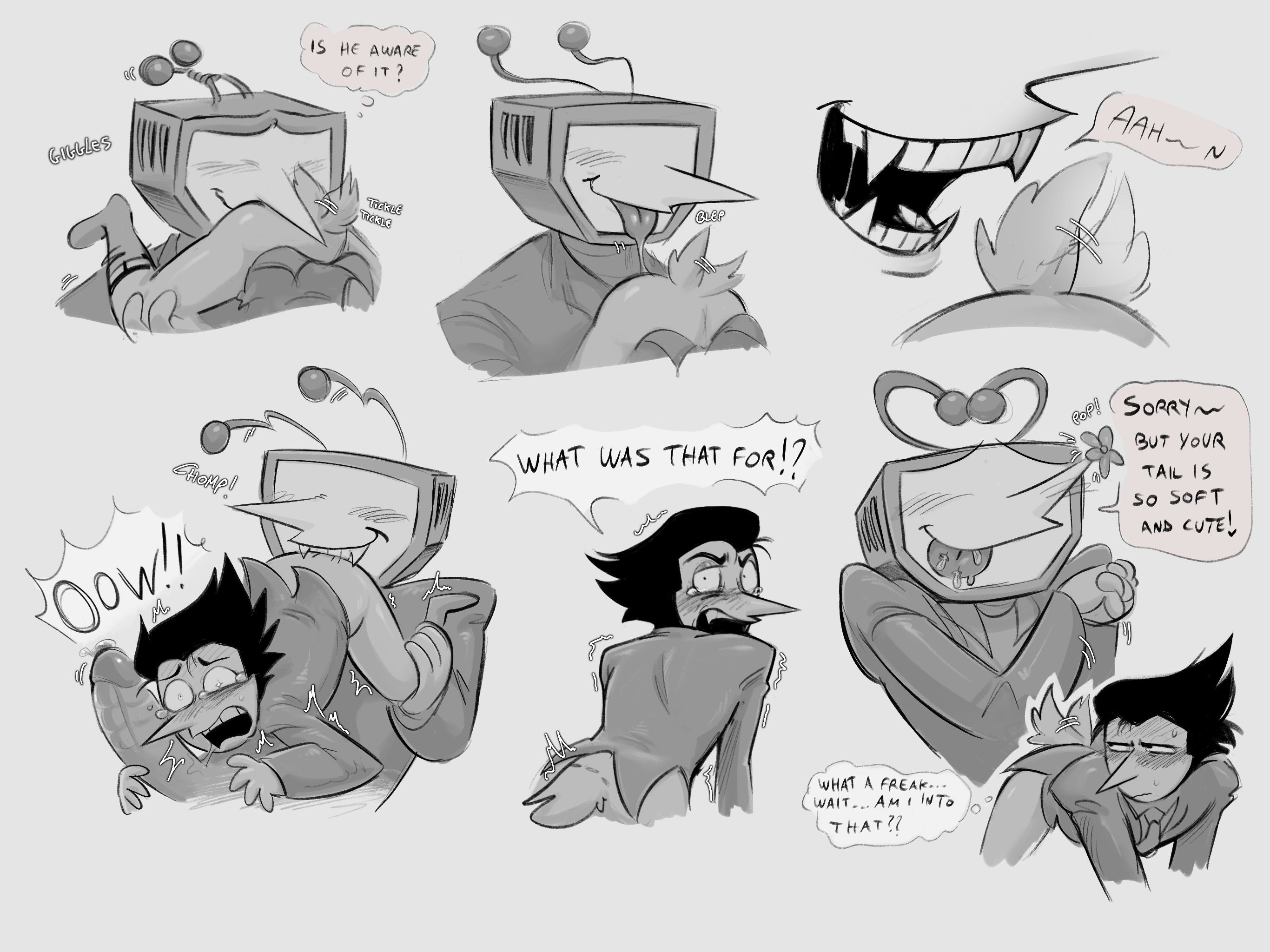 2boys, angysecretlab, annoyed, big penis, bite, biting partner, comic, cuntboy, deltarune, deltarune chapter 3, dialogue, english dialogue, english text, gay, gay sex, intersex, male, monochrome, penis, silly, size difference, size play, small tail, spamton g spamton, tenna (deltarune), wagging tail, yaoi