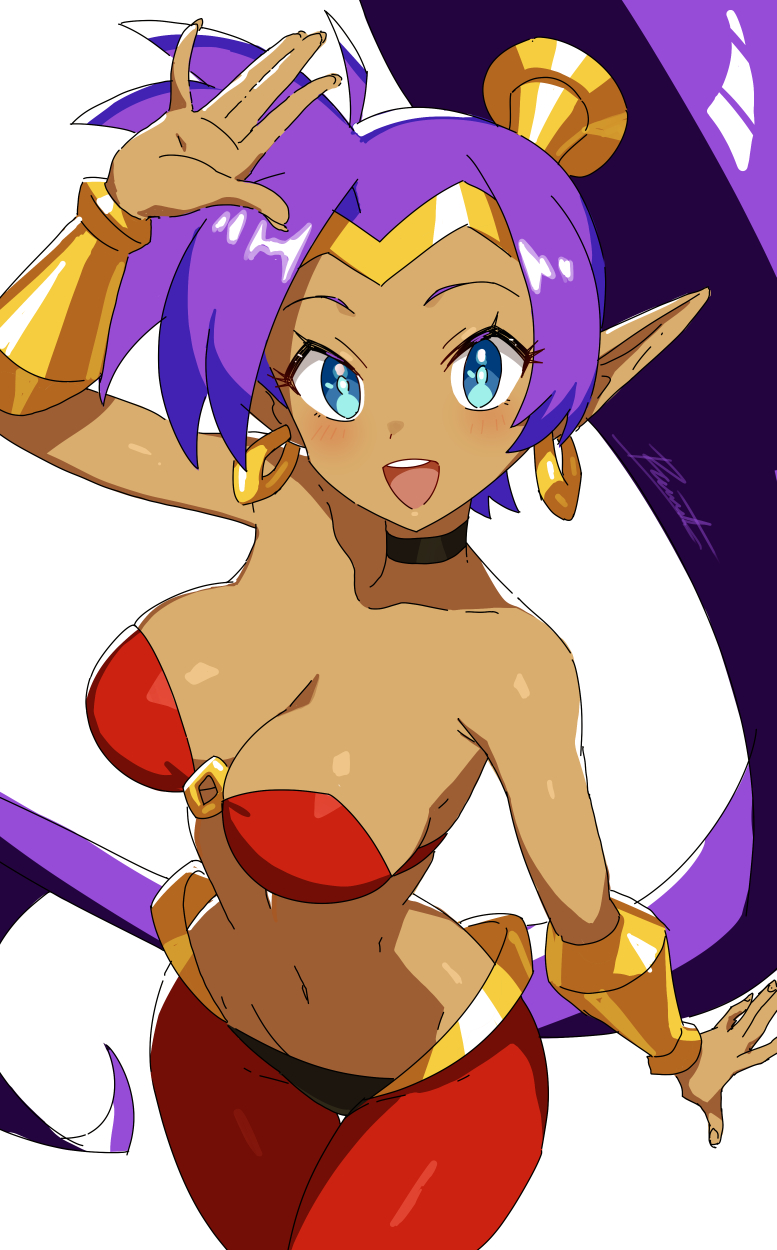 1girls, bandeau, big hair, blue eyes, bracer, breasts, choker, circlet, cleavage, collarbone, dark skin, dark-skinned female, earrings, female, female only, from above, gold bracer, highres, hoop earrings, jewelry, long hair, looking at viewer, medium breasts, navel, o-ring, o-ring top, open mouth, pants, pointy ears, ponytail, purple hair, revenantart, shantae, shantae (character), signature, smile, solo, stomach, very long hair, white background