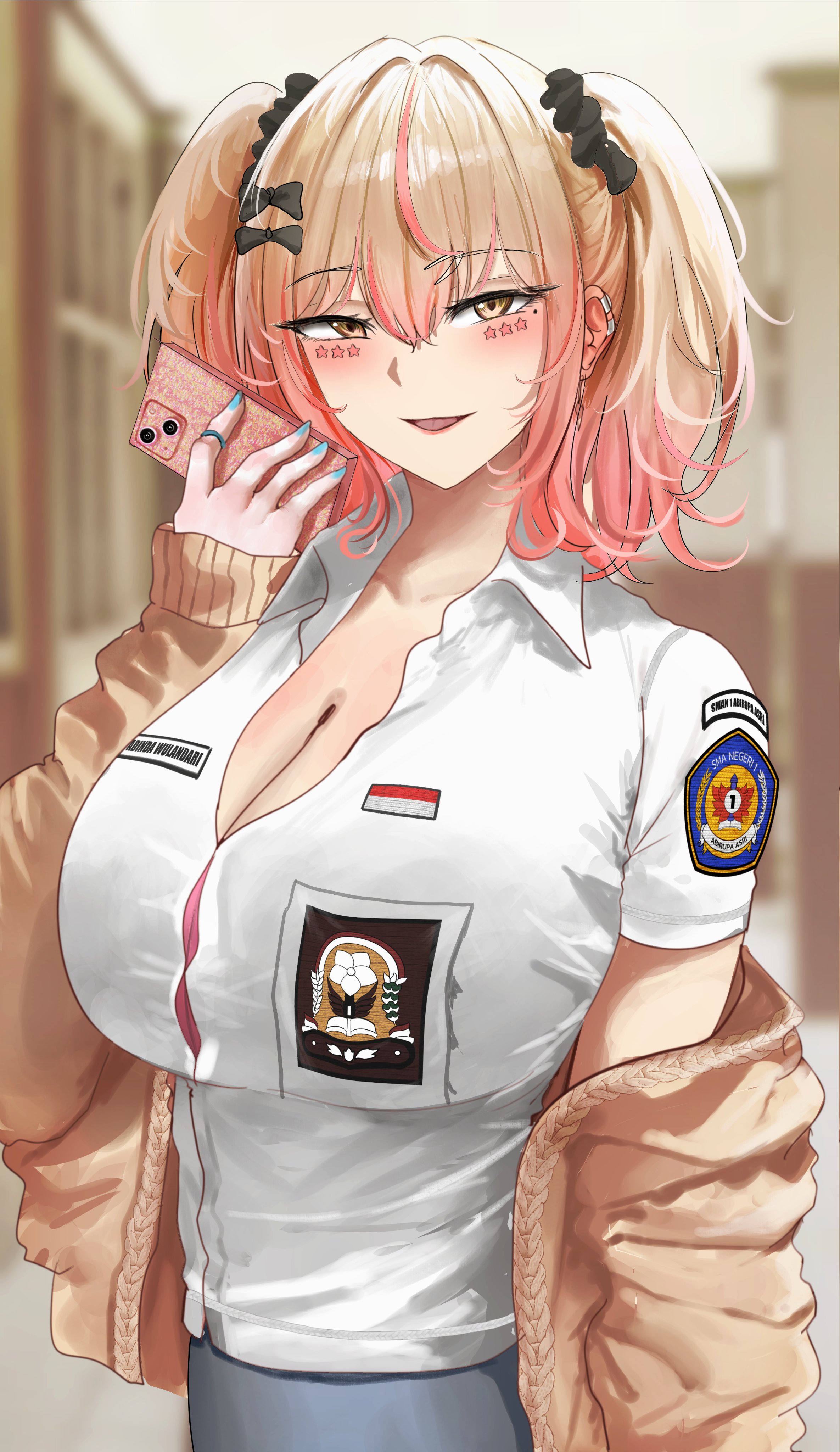2d, 2d (artwork), blonde female, blonde hair, breasts, clothed, clothed female, clothing, female, holding, holding object, huge breasts, indonesian, indonesian high school uniform, indonesian school uniform, looking at another, phone, school, school uniform, schoolgirl, vloodozer
