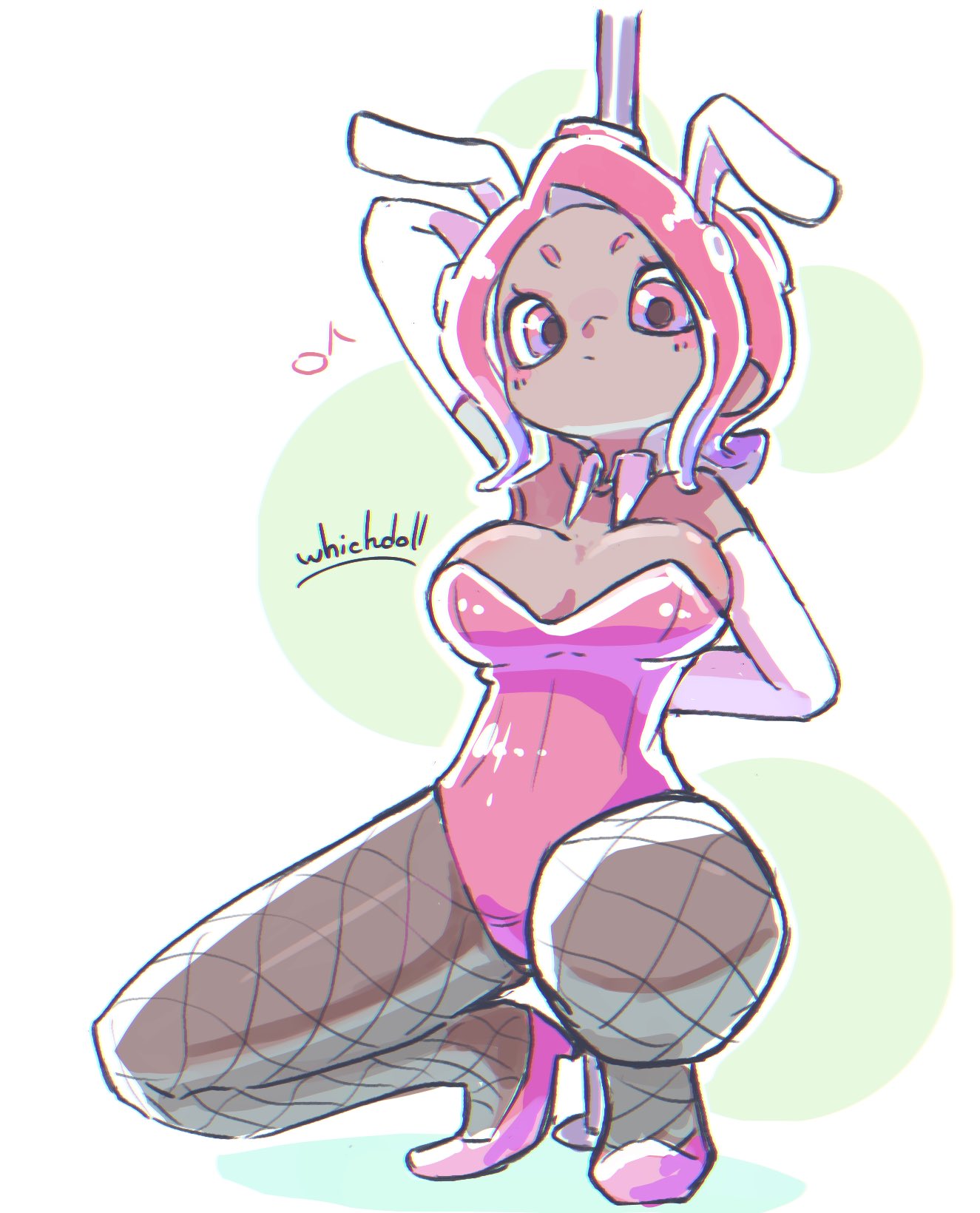 1girls, 2019, artist signature, baby chicks vs. li'l bunnies vs. bear cubs, breasts, bunny ears, bunny girl, bunnysuit, collar, female, fishnet pantyhose, fishnets, gloves, high heels, looking at viewer, low-angle view, octoling, octoling girl, pantyhose, pole, pole dancing, simple background, solo, splatoon, splatoon (series), squatting, team li'l bunnies (splatfest), team li’l bunnies (splatfest), whichdoll