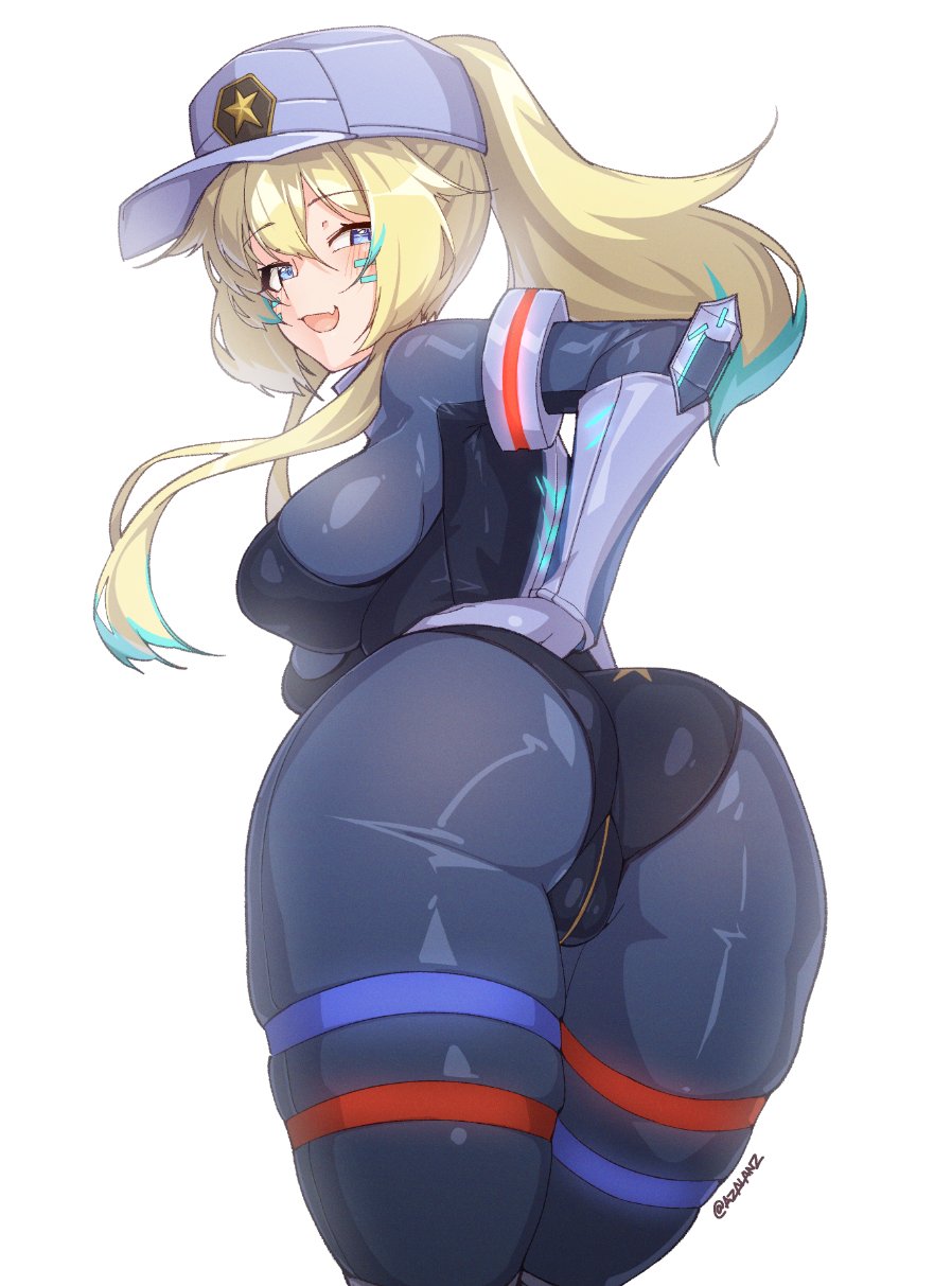 1girls, aqua hair, ass, black leotard, blonde hair, blue eyes, blush, bodysuit, bodysuit under clothes, breasts, ceru foxhound, colored tips, commentary, commission, english commentary, female, grey bodysuit, grey hat, hat, highres, indie virtual youtuber, large breasts, leotard, light skin, light-skinned female, long hair, multicolored hair, open mouth, ponytail, smile, solo, star (symbol), tilt-shift (azalanz), twitter username, vallure, virtual youtuber, white background