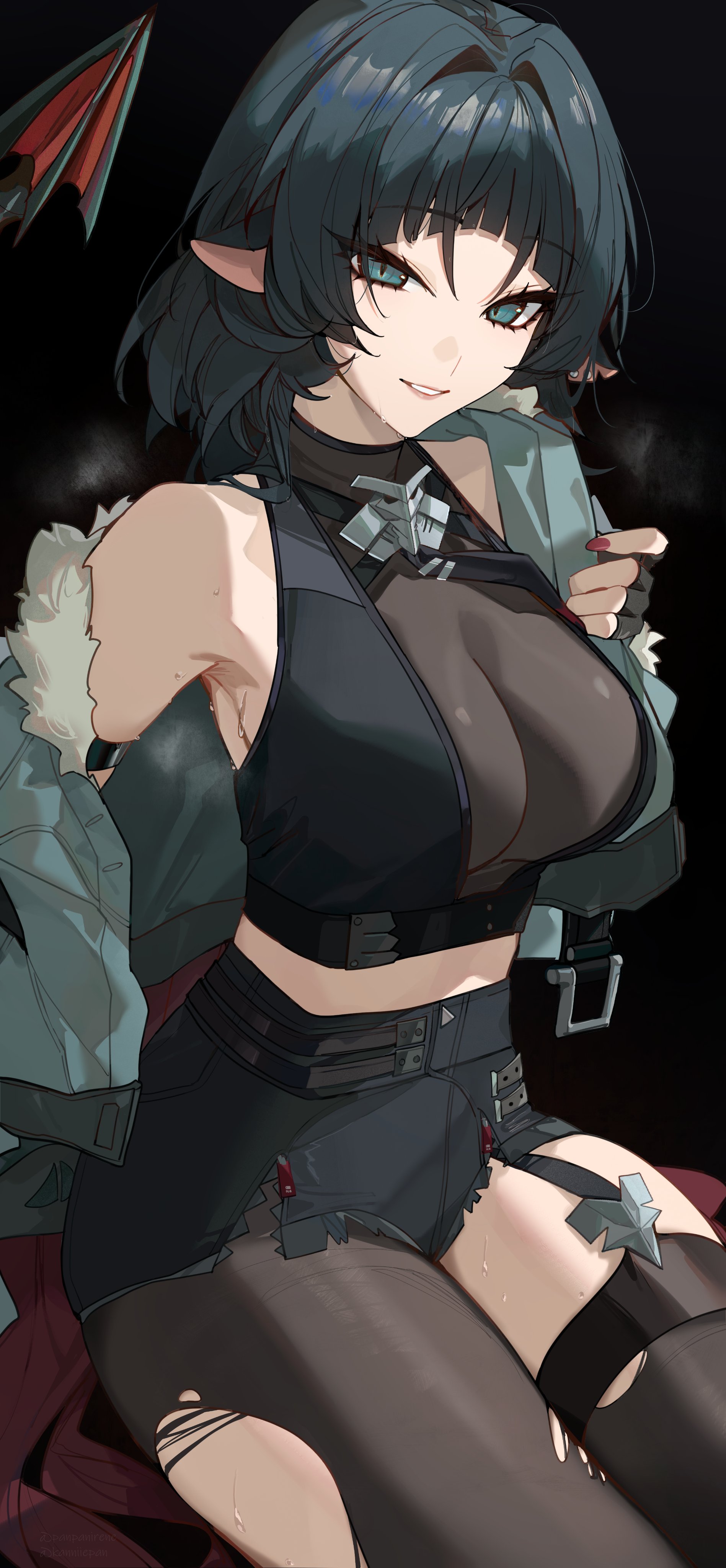 1girls, 2025, bare shoulders, black hair, blue eyes, breasts, female, hi res, hoyoverse, jacket, jacket open, jane doe (zenless zone zero), light skin, light-skinned female, looking at viewer, mihoyo, rat ears, rat girl, shorts, sitting, smile, solo, solo female, thick thighs, thighs, zenless zone zero
