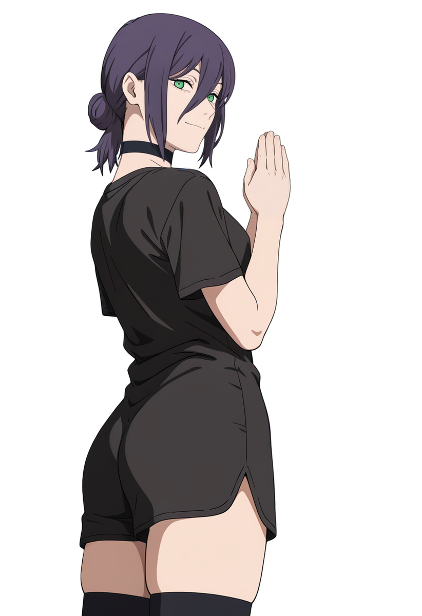 1girls, ai generated, chainsaw man, choker, green eyes, kreivan, plain background, purple hair, reze (chainsaw man), solo, thighhighs, thighs