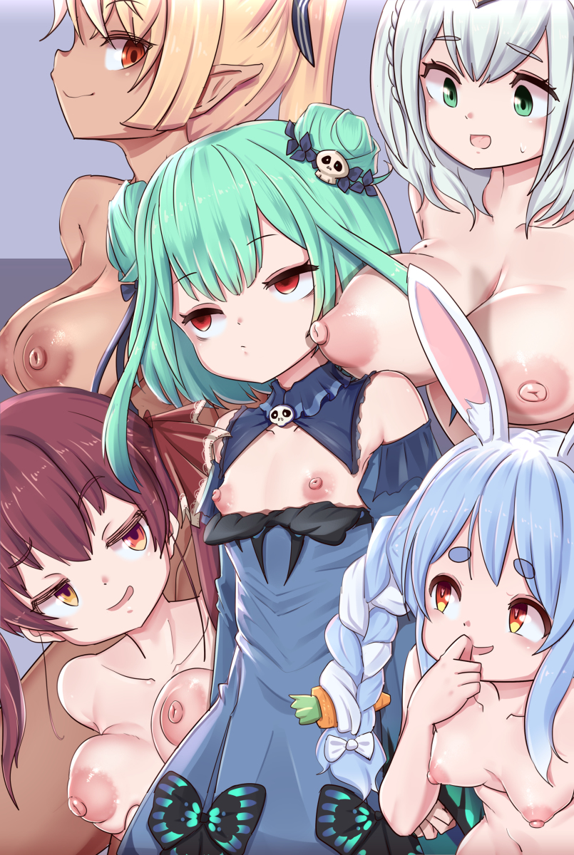 5girls blonde_hair blue_hair breasts breasts_out bunny_ears butterfly carrot carrot_in_hair elf elf_ears female_only funny green_eyes green_hair heterochromia holding_breast hololive hololive_fantasy hololive_japan houshou_marine large_breasts laughing lemon_snail long_hair medium_breasts meme mole_on_breast multiple_girls orange_eyes pointy_ears rabbit_girl red_eyes red_hair shiranui_flare shirogane_noel short_hair sighing small_breasts smug_face smug_grin teasing uruha_rushia usada_pekora virtual_youtuber white_hair