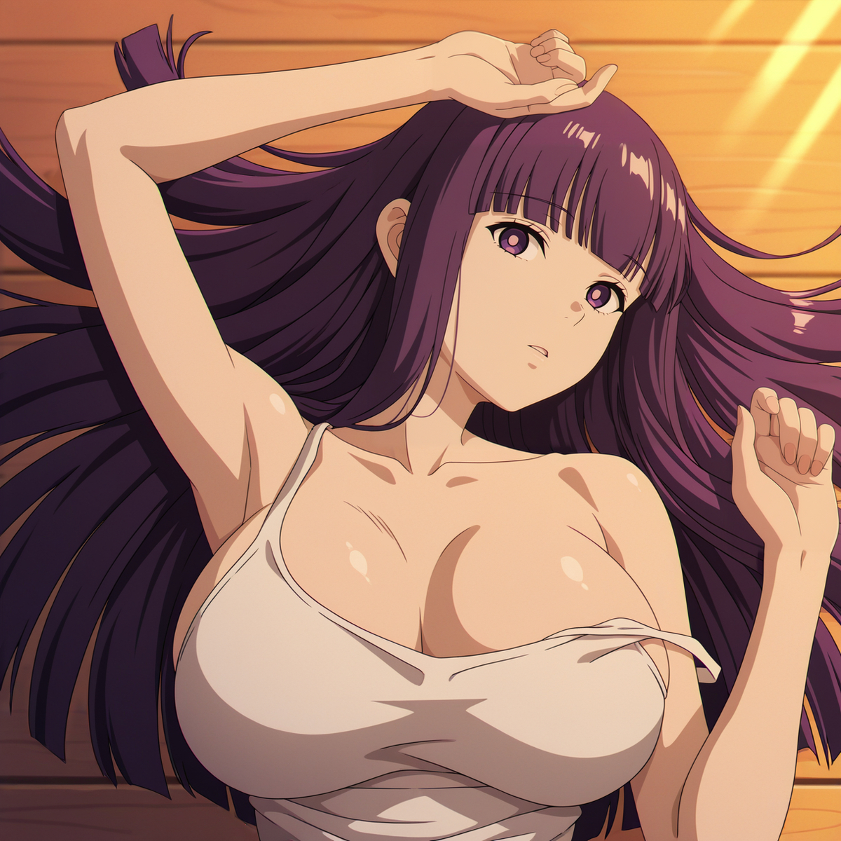 1girls, ai generated, fern (sousou no frieren), kreivan, large breasts, lying, purple hair, solo, sousou no frieren