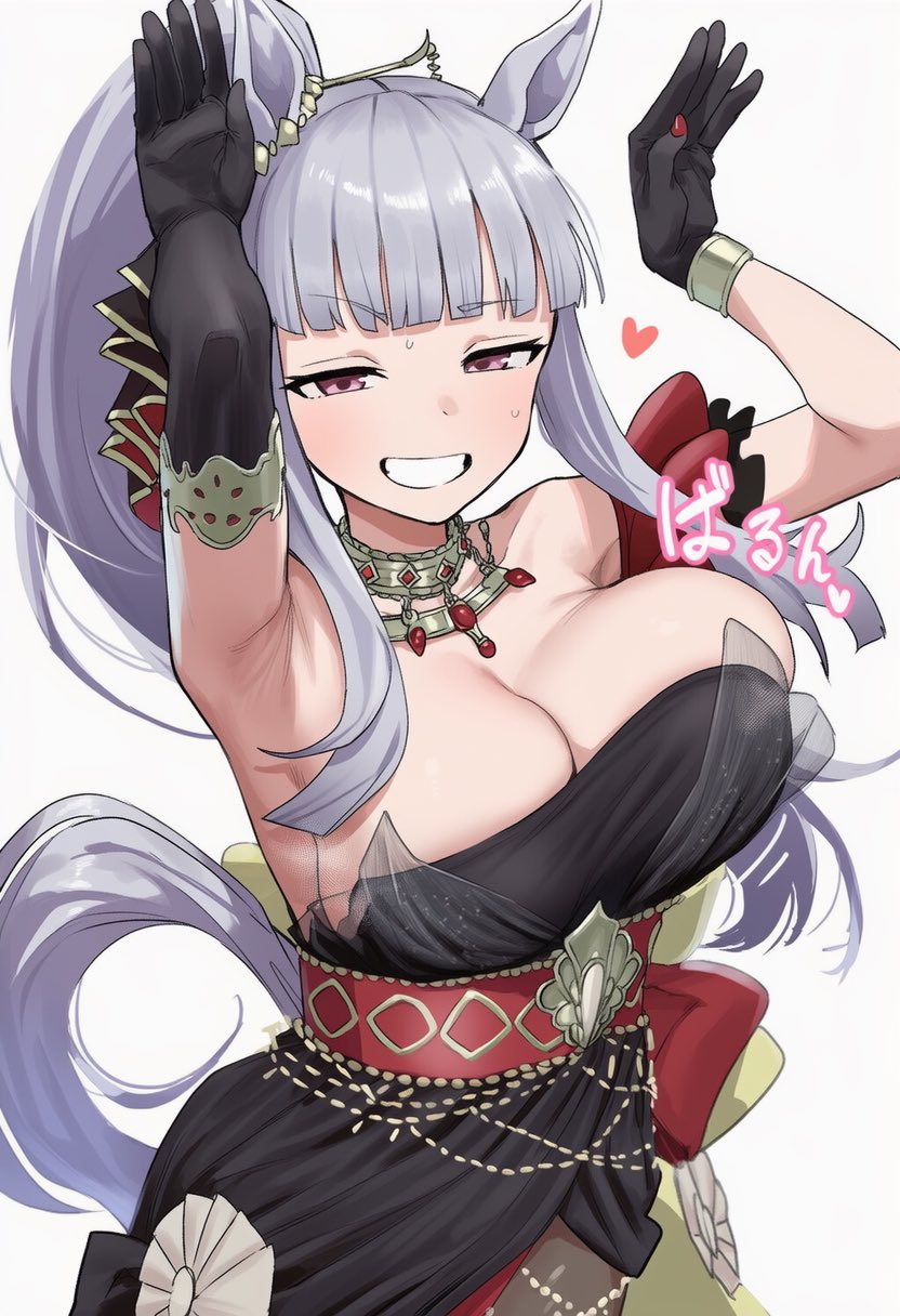 ai generated, animal ears, armpit crease, armpits, black dress, black gloves, blunt bangs, bouncing breasts, bow, breasts, dress, ear bow, ear ribbon, elbow gloves, female, gloves, gold ship (la mode 564) (umamusume), gold ship (umamusume), grey hair, highres, horse ears, horse girl, horse tail, large breasts, long hair, looking at viewer, purple bow, purple eyes, sakubanosub, smile, solo, tail, umamusume, umamusume pretty derby, unaligned breasts