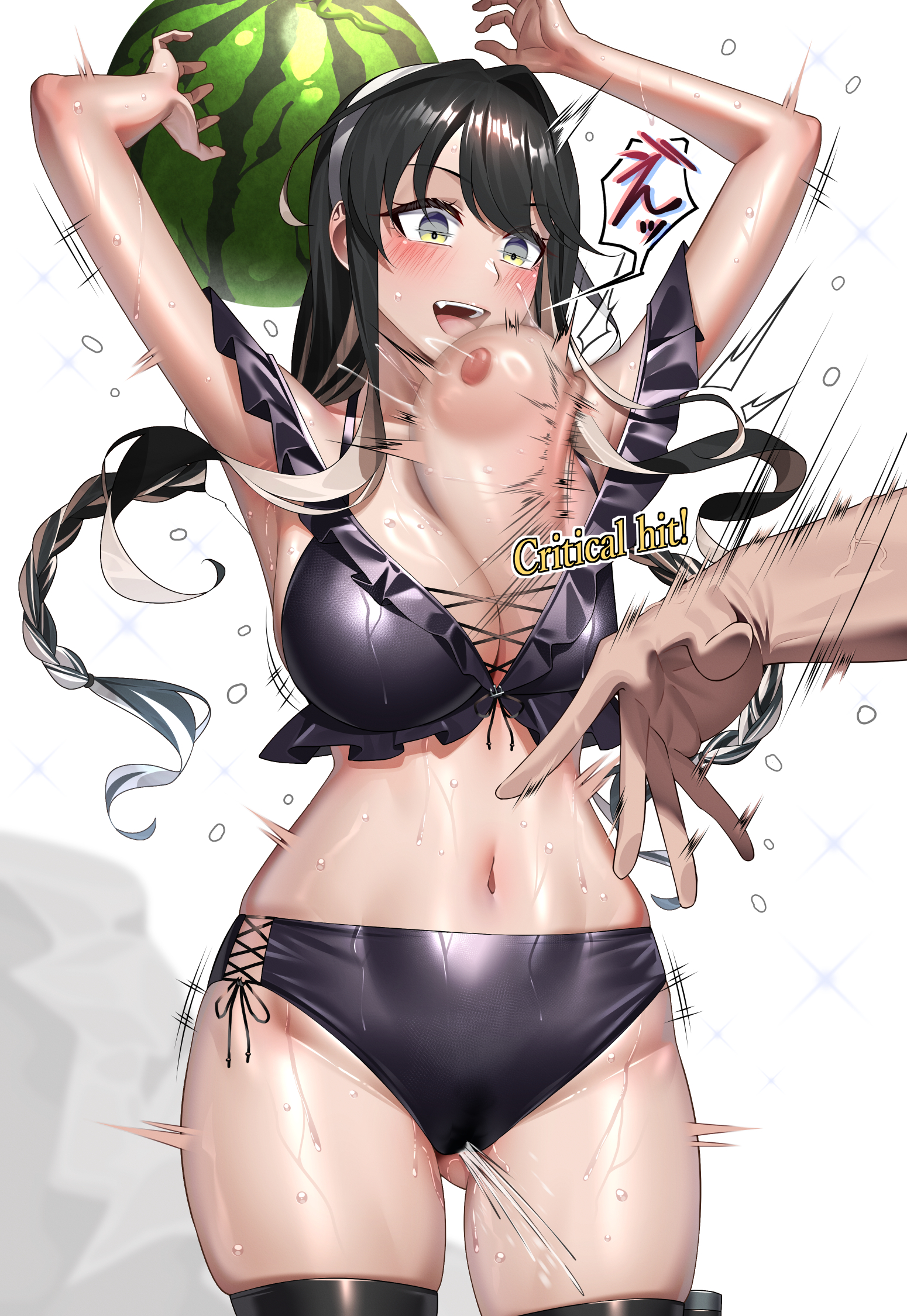 bikini, black bikini, black hair, bouncing breasts, braid, breast slap, breasts, criss-cross straps, critical hit, dark-skinned male, female, female ejaculation, female ejaculation through clothes, food, frilled bikini, frills, fruit, hairband, highres, kantai collection, kome cola, large breasts, long hair, low twin braids, multicolored hair, naganami (kantai collection), orgasm, pink hair, slapping, slapping breasts, solo, squirting, squirting through clothes, swimsuit, tit slapping, twin braids, two-tone hair, watermelon, wavy hair, white hairband