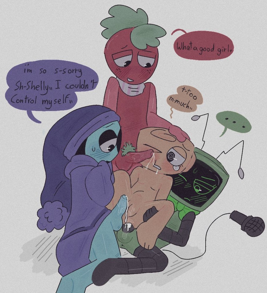 1futa, 1girls, 2boys, 2boys2girls, 2girls, anal, anal sex, antennae, antennae (anatomy), anthro, anthro on anthro, anthro only, anthro penetrated, anthro penetrating, anthro penetrating anthro, astro (dandy's world), beige skin, blowjob, blue skin, cloudyhehe, cream skin, cum, cum in ass, cum in mouth, cum in pussy, cum on face, dandy's world, english text, female, ffmm foursome, foursome, group sex, mmff, mmff foursome, object head, one eye closed, penis in ass, pussy, red skin, shelly (dandy's world), sprout (dandy's world), text, this, tv head, vaginal penetration, vaginal sex, vee (dandy's world), white body