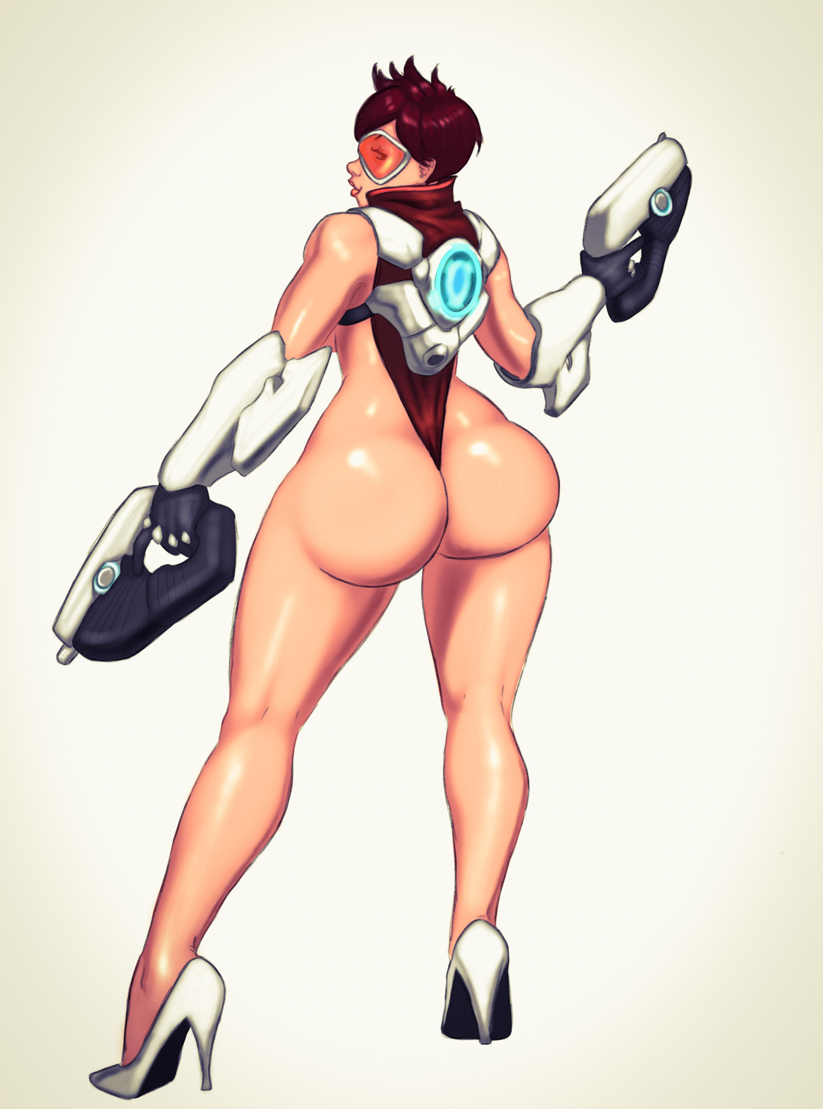1girls, ass, ass focus, bimbo, brown hair, chronal accelerator, female, female only, firearm, footwear, gloves, goggles, gun, handgun, heels, human, leotard, long legs, looking back, looking over shoulder, mommylexis (artist), overwatch, pale skin, pinup, shiny, shiny skin, simple background, solo, solo female, thong, tracer, weapon, white background