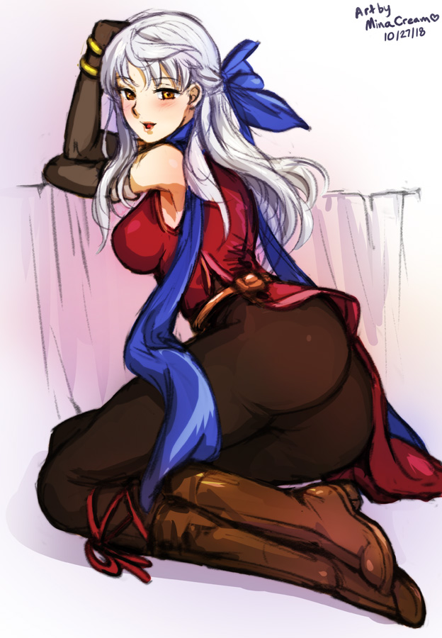 1girls, arm support, armpits, artist name, ass, bangle, bare shoulders, big ass, black gloves, black legwear, blue scarf, blush, bracelet, commentary, dated, dress, elbow gloves, female, female only, fingerless gloves, fire emblem, fire emblem: radiant dawn, gloves, hair ribbon, half updo, jewelry, looking back, micaiah (fire emblem), minacream, nintendo, pantyhose, photoshop (medium), ribbon, scarf, side slit, silver hair, sitting, sleeveless, sleeveless dress, smile, solo, yellow eyes