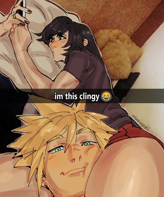 1boy, 1girls, bed, black hair, blonde hair, blonde hair male, blue eyes, caption, clingy, cloud strife, emoji, female, final fantasy, final fantasy vii, head between thighs, im this clingy (meme), laying on bed, male, meme, red eyes, strawderryst, thick thighs, thigh fetish, thigh focus, thighs, tifa lockhart, yellow hair, yellow hair male