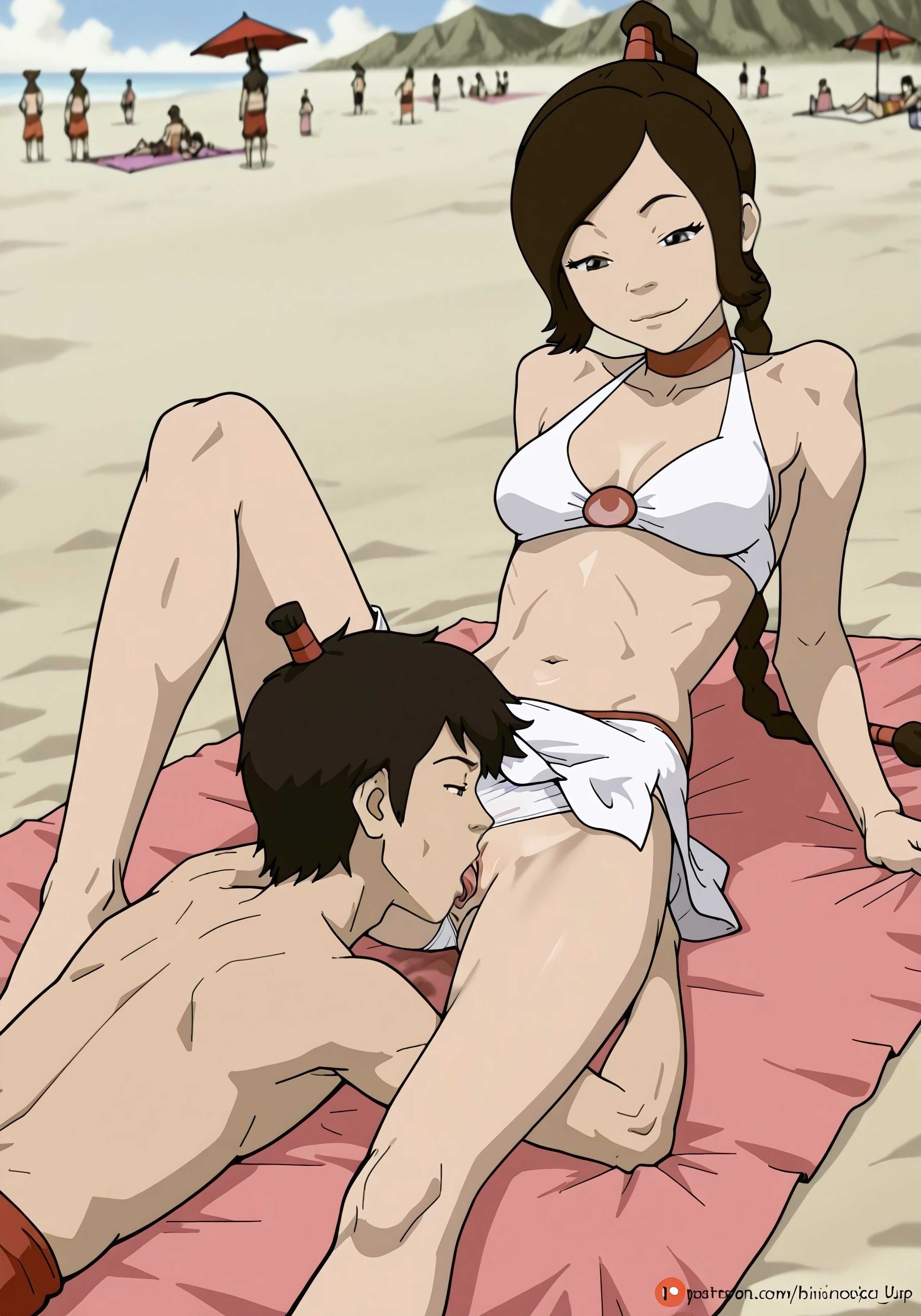 1girls, ai generated, avatar the last airbender, beach, bikini, cunnilingus, exposed pussy, female, licking pussy, lying on back, male, nickelodeon, public, pussy, sarong, sunbathing, ty lee, vagina