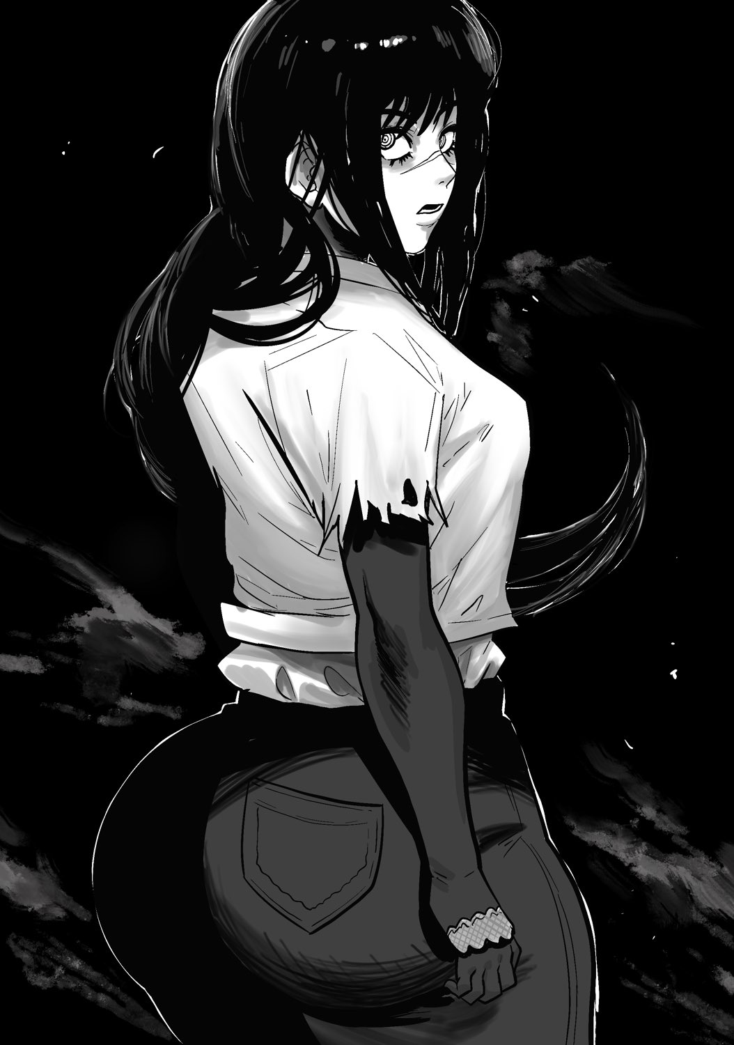 1girls, 2024, alternate body type, asian, asian female, ass, ass focus, big ass, big butt, black and white, black hair, black pants, bottom heavy, breasts, chainsaw man, child bearing hips, clothed, clothed female, curvaceous, curvaceous female, curvaceous figure, curves, curvy, curvy body, curvy female, curvy figure, curvy hips, demon, demon girl, devil, female, female only, fully clothed, hips, hourglass figure, huge ass, huge butt, large ass, large butt, long hair, looking at viewer, looking back, mitaka asa, noblood, open mouth, round ass, ryandomonica, scar, scar on face, solo, solo female, solo focus, spiral eyes, standing, thick ass, thick thighs, thighs, torn clothes, voluptuous, voluptuous female, wide hips, yoru (chainsaw man)