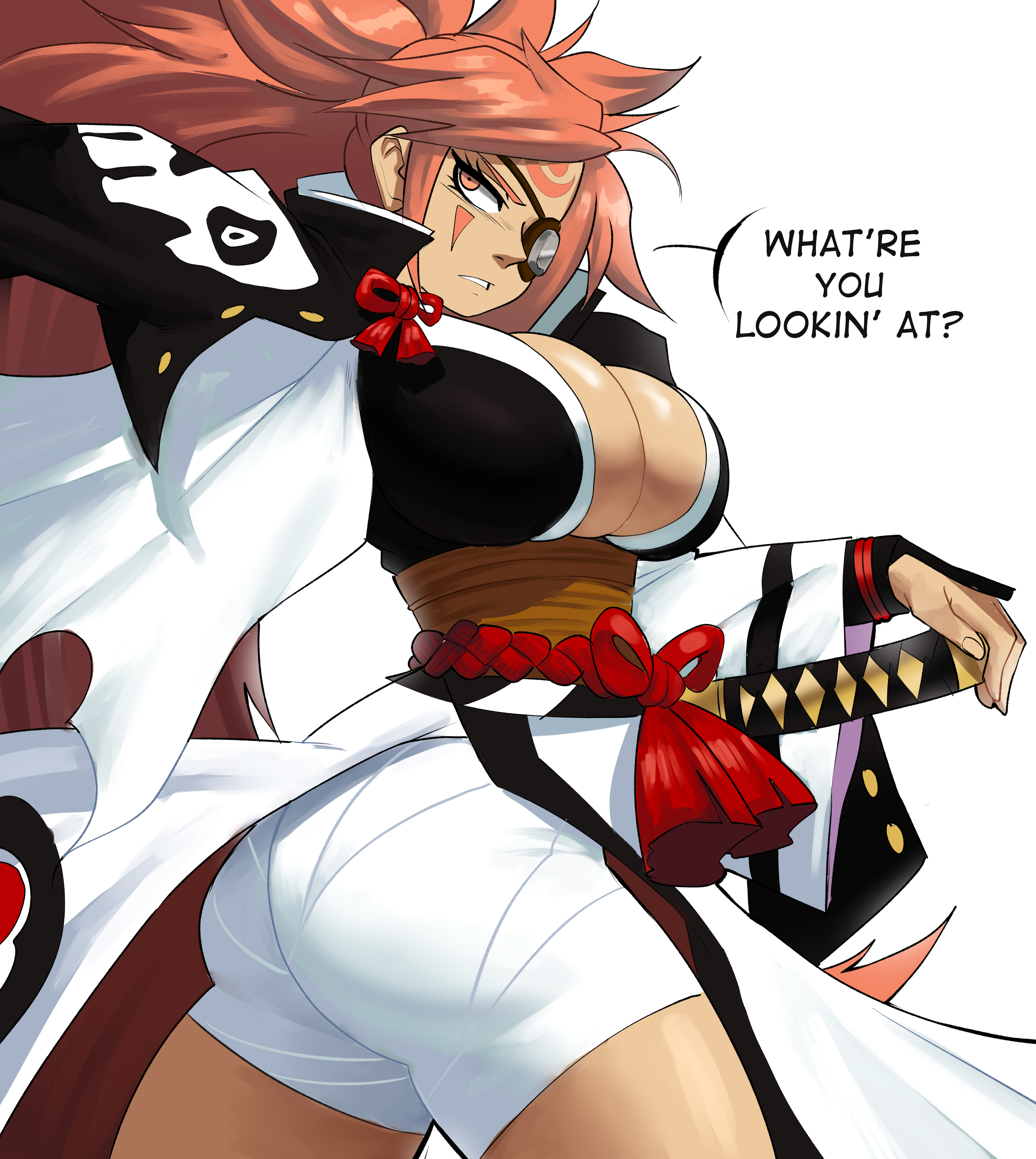 1girls, 2021, arc system works, ass, baiken, bare legs, breasts, cleavage, clothed, clothed female, dialogue, echosaber, english text, female, female only, guilty gear, hi res, huge breasts, katana, large ass, long hair, long ponytail, looking at viewer, missing arm, missing eye, pink hair, ponytail, posing with weapon, short shorts, shorts, simple background, solo, sword, text, thick thighs, thighs, tight clothing, very high resolution, weapon, white background, white clothing