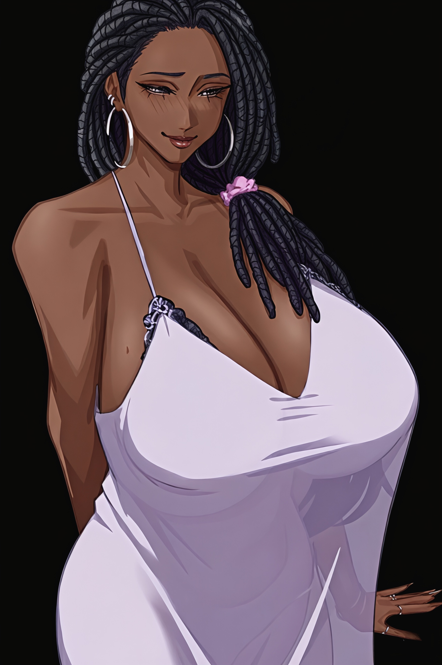 1girls, african female, ai generated, big breasts, black hair, breasts, cleavage, dark skin, dark-skinned female, dreadlocks, earrings, female, female only, gown, hoop earrings, huge breasts, nightgown, original, original character, sleepwear, smirk, smirking, solo, solo female, thick lips