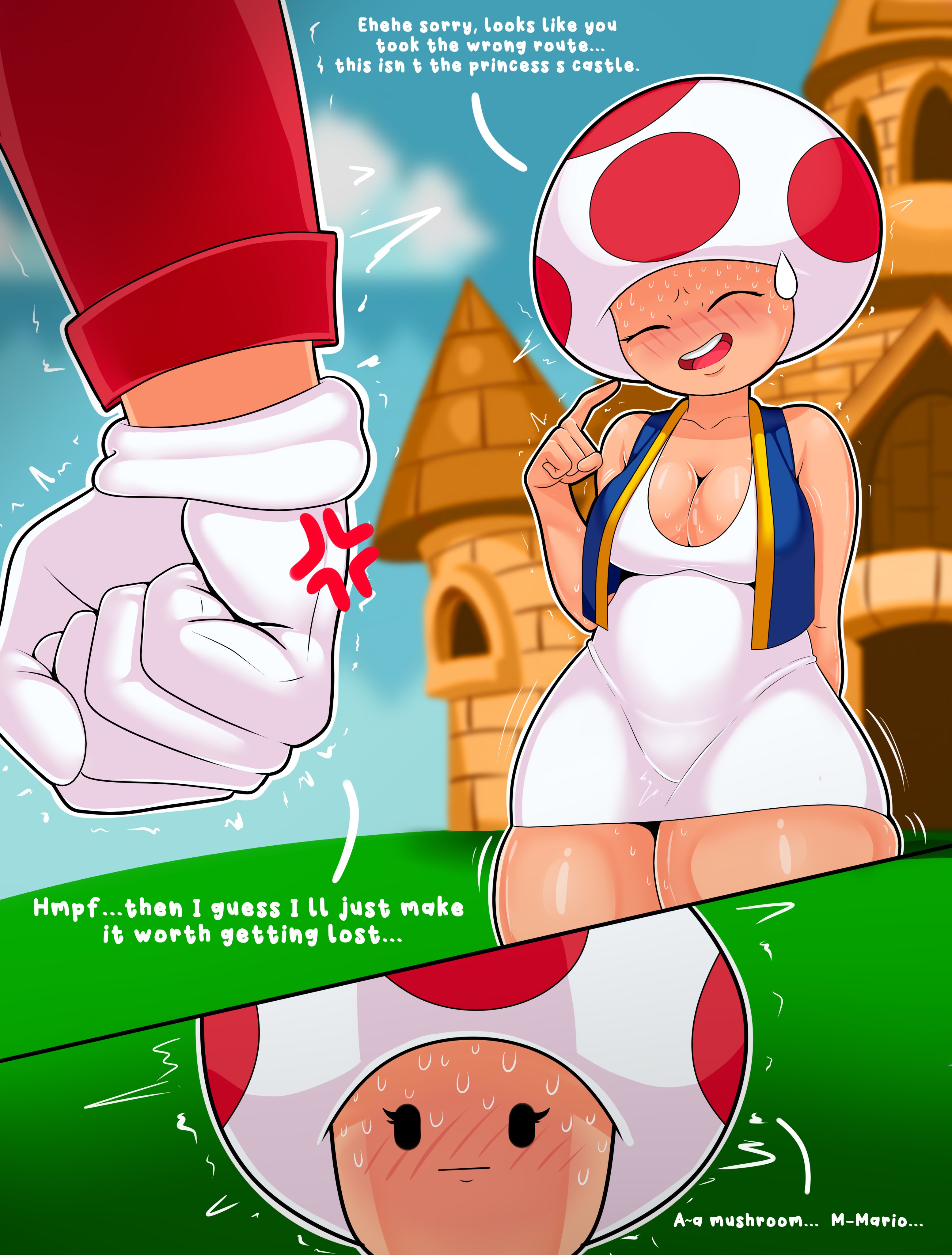 1boy, 1girls, anger vein, angry, antojadorvrd, but our princess is in another castle! (meme), cleavage, english text, female, imminent sex, male, mario, mario (series), meme, nervous, text, toad (mario)