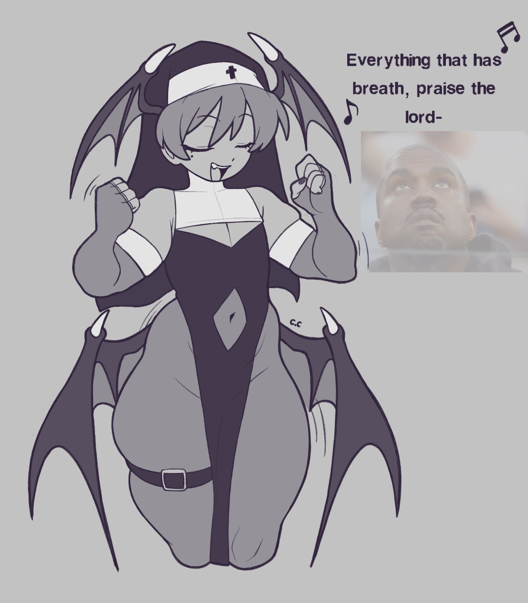 1girls, armwear, belly button, capcom, champchidi, closed eyes, clothing, darkstalkers, female, female focus, female only, flat chest, flat chested, lilith aensland, monochrome, nun, nun outfit, short hair, singing, solo, solo female, solo focus, succubus, thick, thick thighs, wings