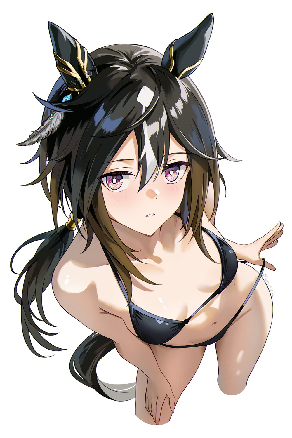 1girls, ai generated, black bikini, blush, breasts, female, looking at viewer, navel, short hair, small breasts, stay gold (umamusume), umamusume, umamusume pretty derby