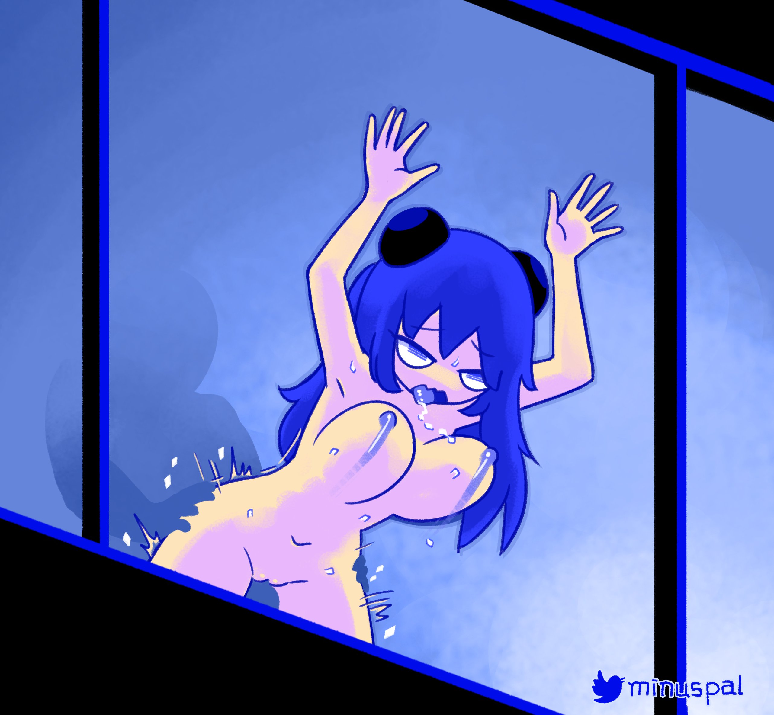 1female, 1girls, 1male, 2022, 2d, 2d (artwork), against window, alternate version available, belly button, blue eyes, blue hair, blue hair female, blue nipples, blue tongue, blue-haired female, digital media, digital media (artwork), eyebrows, eyelashes, female, female focus, female ghost, female penetrated, fully nude, ghost, ghost girl, gijinka, hi res, highres, humanized, jpeg, male, meme, minus8, naked, naked female, namco, nipples, nude, nude female, open mouth, pac-man (game), pac-man (series), pac-man ghost dance (minus8), pinky (pac-man), pussy, saliva, sex, spooky, straight, sweat, tongue, tongue out, turn-to-blue, twitter logo, twitter username, unseen male face, vaginal penetration