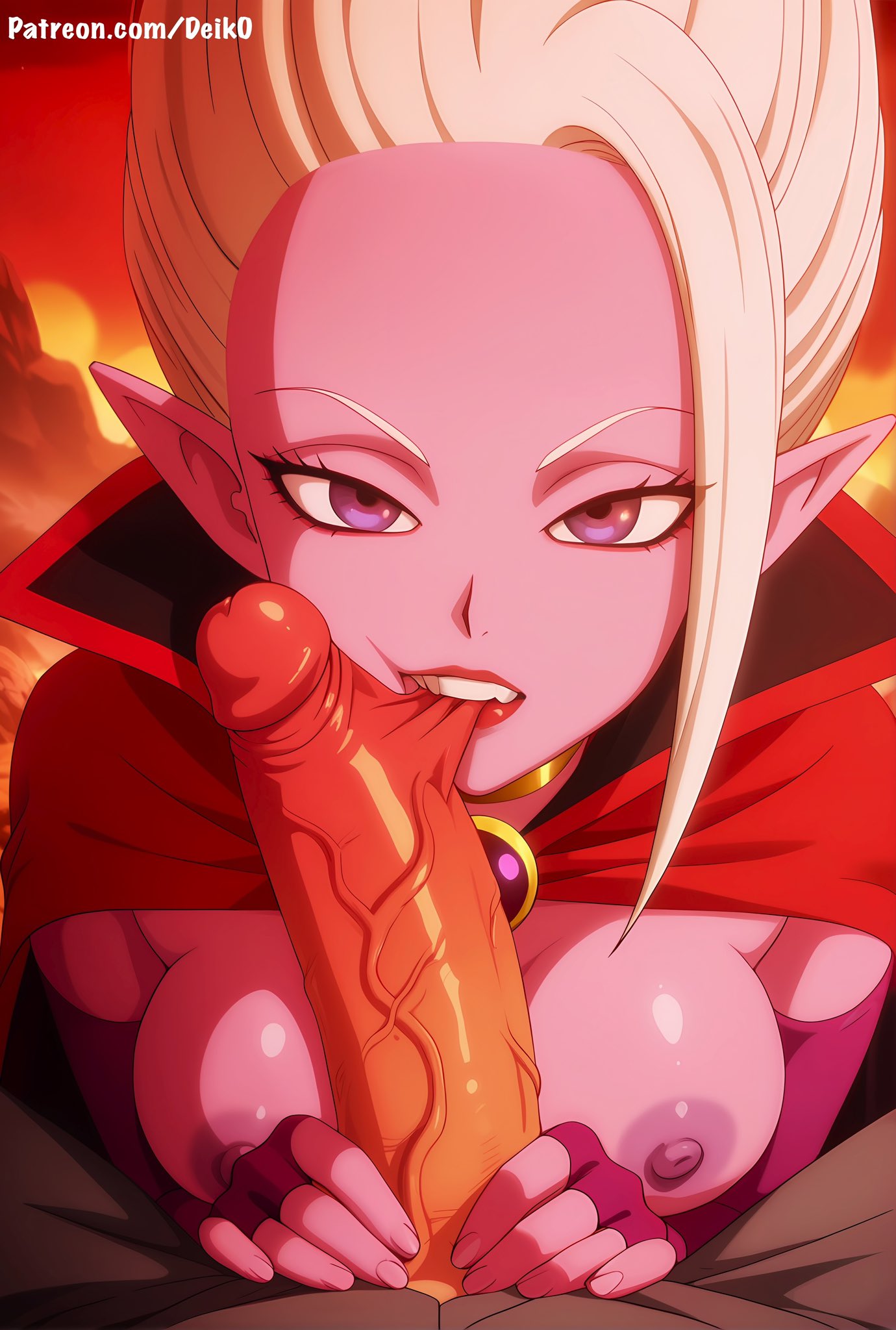 ai generated, arinsu, bitting, bitting penis, breasts, cape, colored skin, deik0, demon, demon girl, dr. arinsu, dragon ball, dragon ball daima, fellatio, female, large breasts, large penis, lipstick, long hair, male, penis, pink skin, pointy ears, pov, pov eye contact, purple eyes, purple nipples, purple pussy, pussy, teeth, veiny penis, white hair