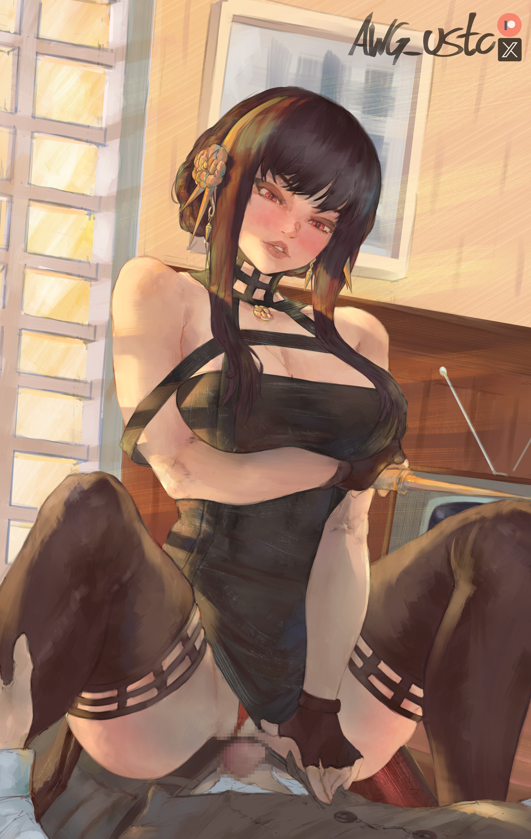 1boy, 1girls, assassin, awg usto, black boots, black dress, black hair, boots, clothed sex, cowgirl position, drunk, female on top, femdom, full lips, gold hairband, hair ornament, human, human female, human male, imminent sex, large breasts, light-skinned female, mature female, paid reward available, penis, sex, slim waist, spread legs, spy x family, stiletto (weapon), straddling, teasing, thigh boots, thighhighs, thorn princess, weapon, yor briar, yor forger