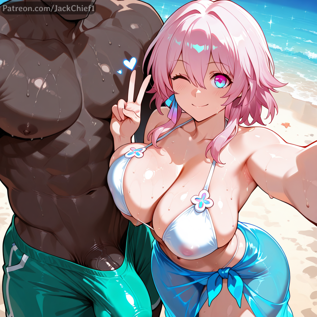 1boy, 1boy1girl, 1girls, 2d, ai generated, armpits, big breasts, bikini, breasts, bulge, bulge under clothes, dark-skinned male, female, honkai: star rail, hoyoverse, huge cock, imminent sex, jackchief, large breasts, large penis, looking at viewer, male, march 7th (honkai: star rail), muscular, muscular male, penis, sarong, selfie, short hair, sweat, sweaty, swimsuit, swimwear, thick, thick thighs