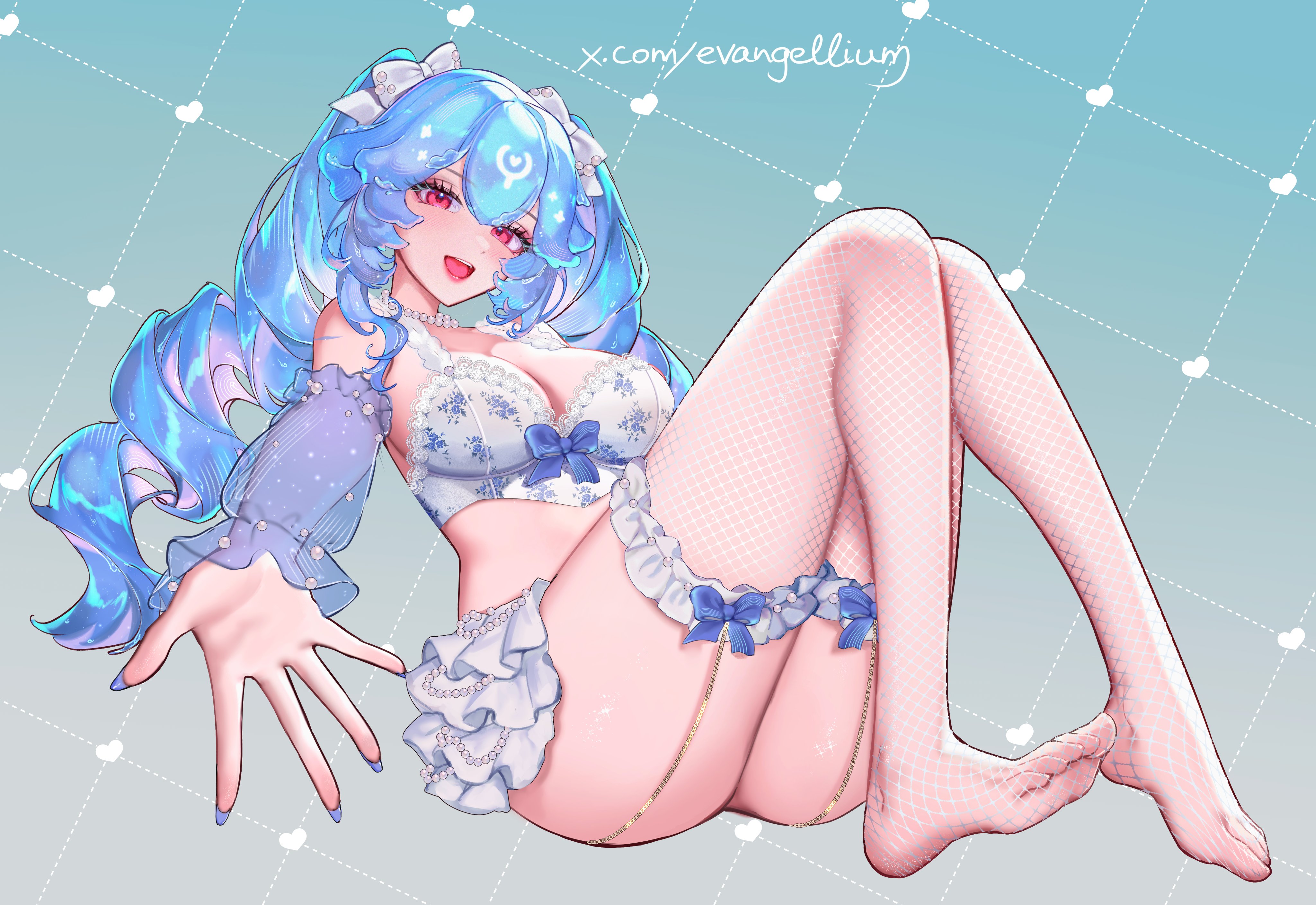 ass, ass focus, bao (vtuber), big ass, big butt, blue hair, bra, breasts, evangellium, fat ass, feet, female, fishnet legwear, fishnets, frills, garter belt, indie virtual youtuber, large ass, legs, lingerie, looking at viewer, reaching towards viewer, red eyes, ribbon, skirt, sleeves, smile, thick ass, thick thighs, thighhighs, thighs, toes, twintails, upskirt, virtual youtuber, vtuber, whale girl