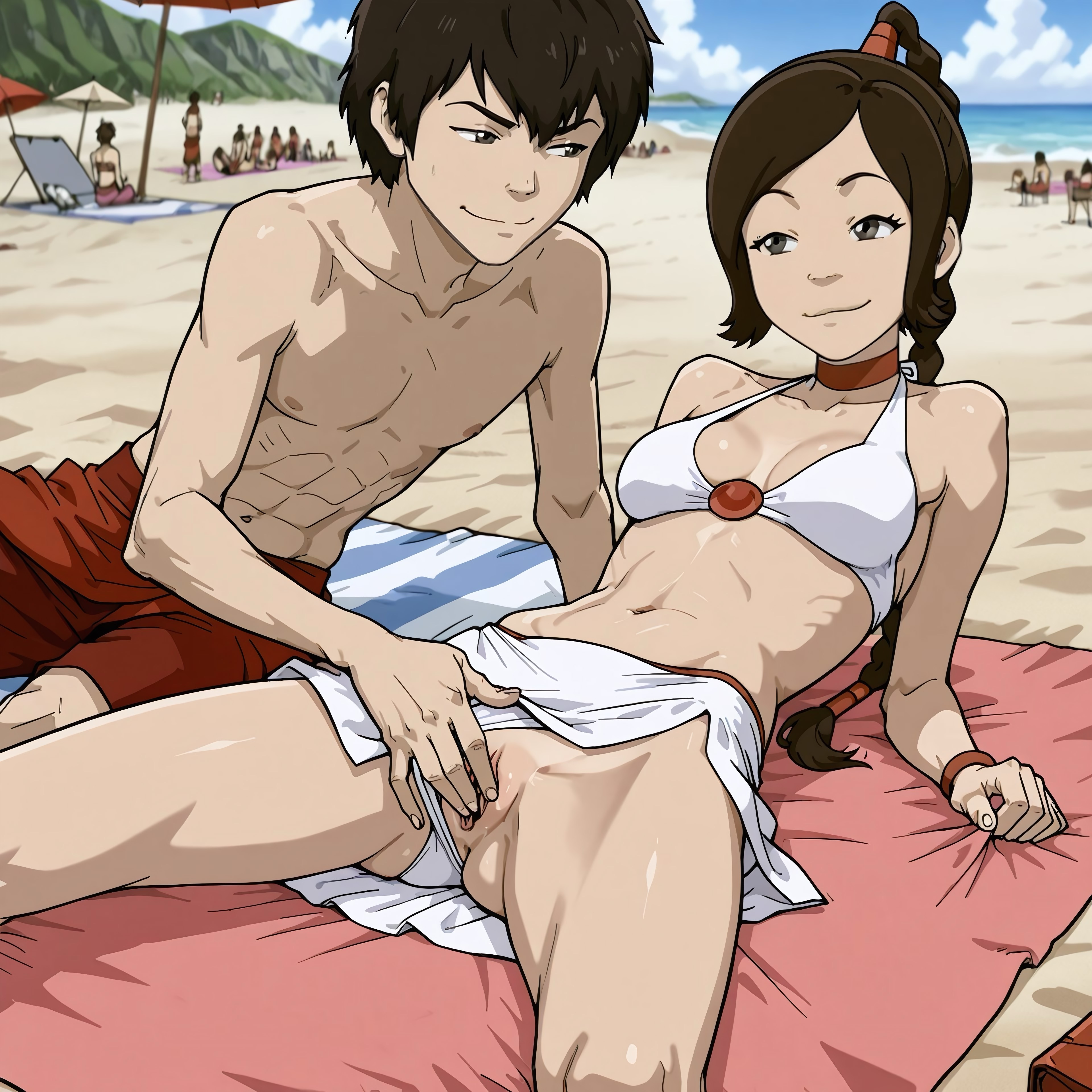 1girls, ai generated, avatar the last airbender, beach, bikini, exposed pussy, female, fingering, hand on pussy, lying on back, male, masturbation, nickelodeon, panties aside, public, pussy, sarong, sunbathing, ty lee, vagina