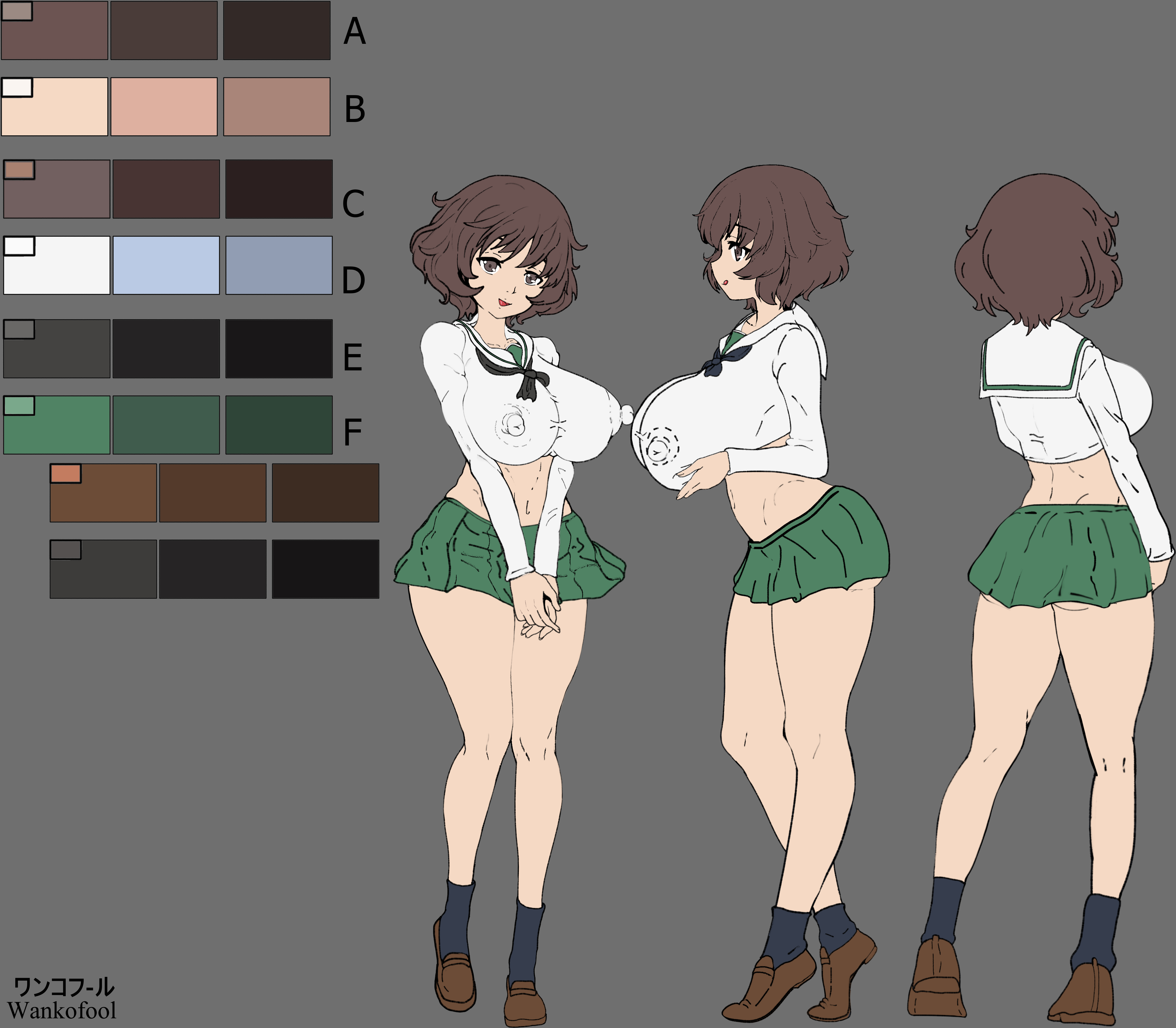 akiyama yukari, breasts, breasts bigger than head, brown eyes, brown hair, bursting breasts, covered nipples, erect nipples under clothes, female, gigantic breasts, girls und panzer, huge breasts, large breasts, no bra, school uniform, schoolgirl, wankofool