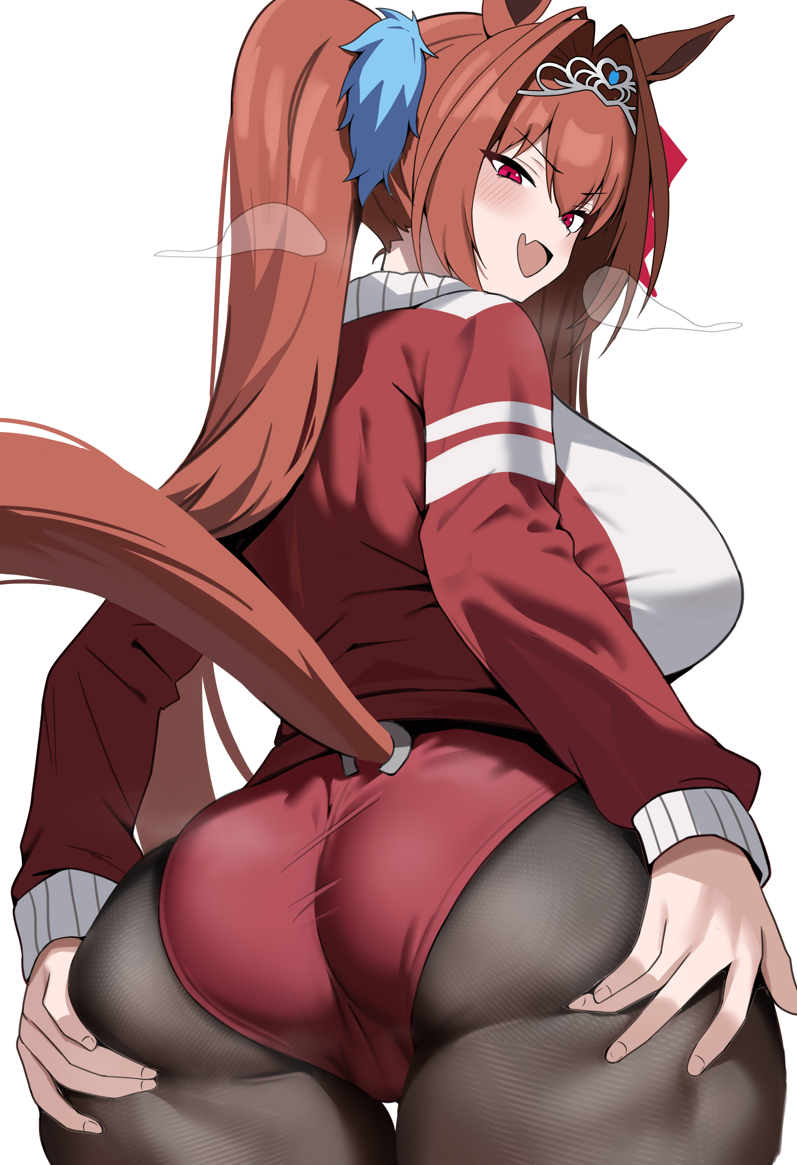 absurdres, animal ears, ass, ass focus, ass support, black pantyhose, breasts, buruma, commentary, cute fang, daiwa scarlet (umamusume), dush 1154, female, from behind, grabbing own ass, hands on own ass, highres, horse ears, horse girl, horse tail, horseshoe ornament, huge ass, jacket, large breasts, long hair, long sleeves, looking at viewer, looking back, open mouth, pantyhose, pantyhose under buruma, red buruma, red eyes, red hair, red jacket, simple background, skin fang, smile, solo, tail, tail through clothes, thick thighs, thigh gap, thighs, tiara, track jacket, twintails, umamusume, umamusume pretty derby, very long hair, white background, wide hips