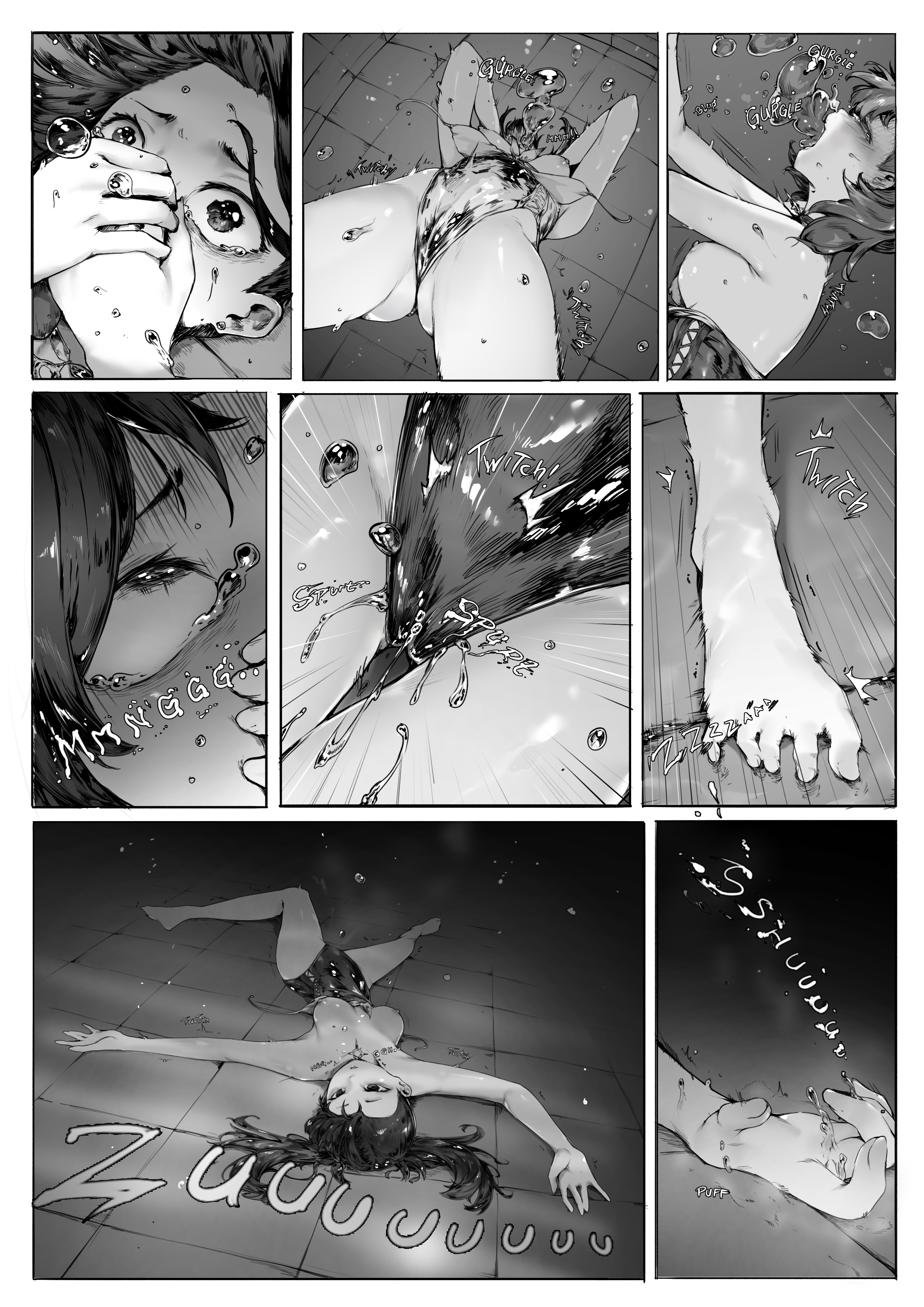 asphyxiation, breasts, death, deathgasm, drowning, exposed breasts, female, female death, limp, marnie (pokemon), medium breasts, monochrome, pokemon, pussy, pussy ejaculation, rou (rou22), rou271, solo, tagme, underwater