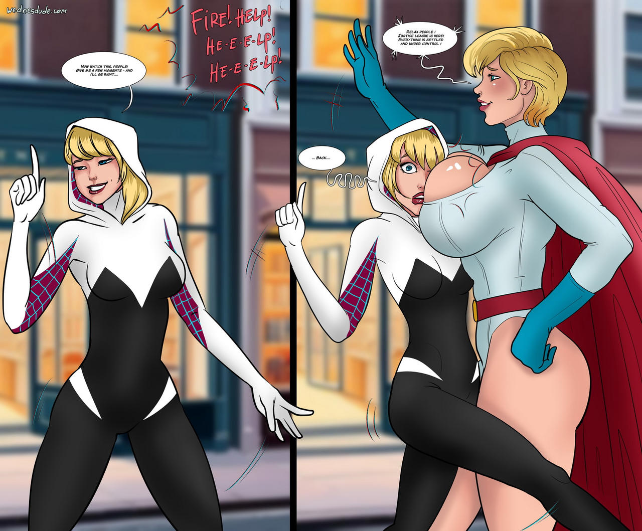 2girls, alien, alien girl, alien humanoid, ass, belt, blonde hair, blue eyes, boob window, breast size difference, breasts, cape, comic, costume, crossover, dave rooder, dc, dc comics, dc vs. marvel, english, english text, female, female only, gloves, gwen stacy, hood, hood up, kryptonian, large breasts, leotard, lipstick, marvel, marvel comics, motion lines, overflowing breasts, power girl, speech bubble, spider-gwen, spider-man (series), superman (series), text, thighs, unseen character