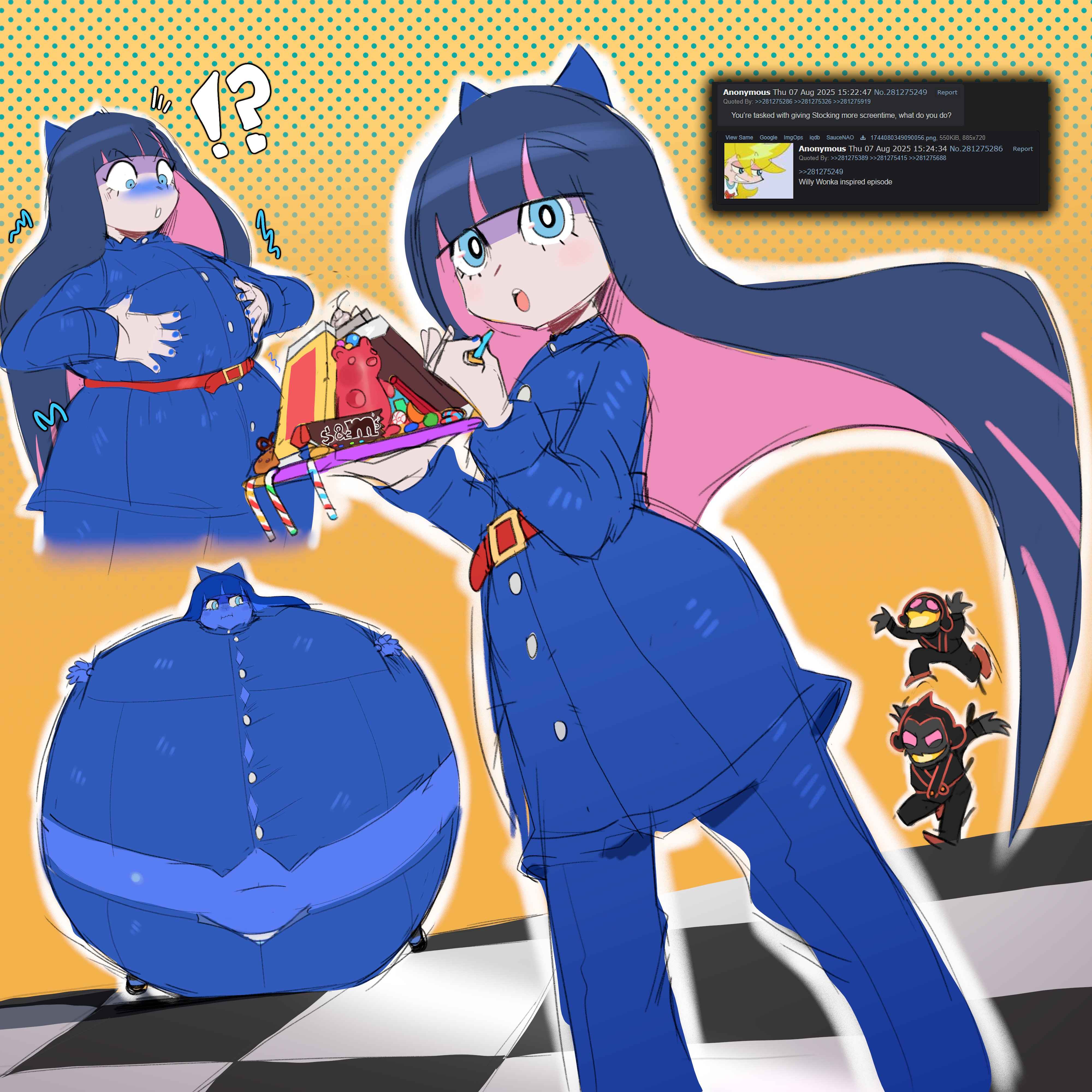 1girls, 2025, 4chan thread, 5 fingers, absurd res, angry expression, belly button, blue eyes, blueberry inflation, bow in hair, bow ribbon, candy, concerned look, confused expression, demons, female, female focus, full body inflation, fully clothed, goth, goth girl, holding plate, holding platter, inflation, inflation fetish, long hair, nuumatic, painted fingernails, painted nails, panty & stocking with garterbelt, ribbon, ribbon in hair, skin color change, skin turning blue, solo female, spherical inflation, stocking anarchy, sunken limbs, twitter, willy wonka and the chocolate factory