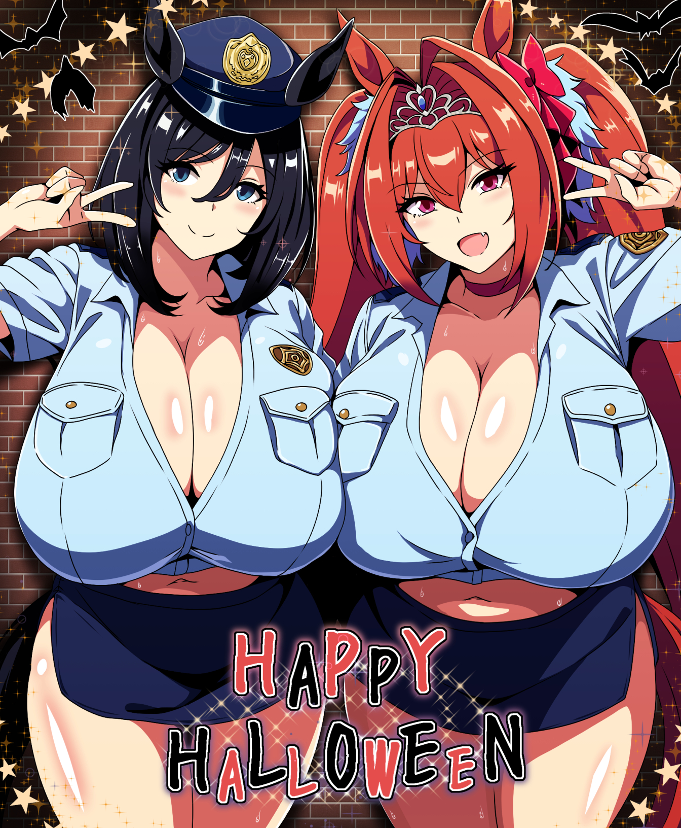 2girls, alternate breast size (larger), alternate costume, animal ears, black hair, blue eyes, blue shirt, bob cut, breasts, brick wall, cleavage, commentary request, cute fang, daiwa scarlet (umamusume), eishin flash (umamusume), female, hair intakes, halloween, halloween costume, happy halloween, hat, highres, horse ears, horse girl, horse tail, huge breasts, large breasts, long hair, medium hair, midriff, miniskirt, multiple females, multiple girls, police, police badge, police hat, police uniform, shirt, skin fang, skirt, swept bangs, tail, tiara, tony man+, tonyman plus, tonyman+, twintails, umamusume, umamusume pretty derby, v, very long hair
