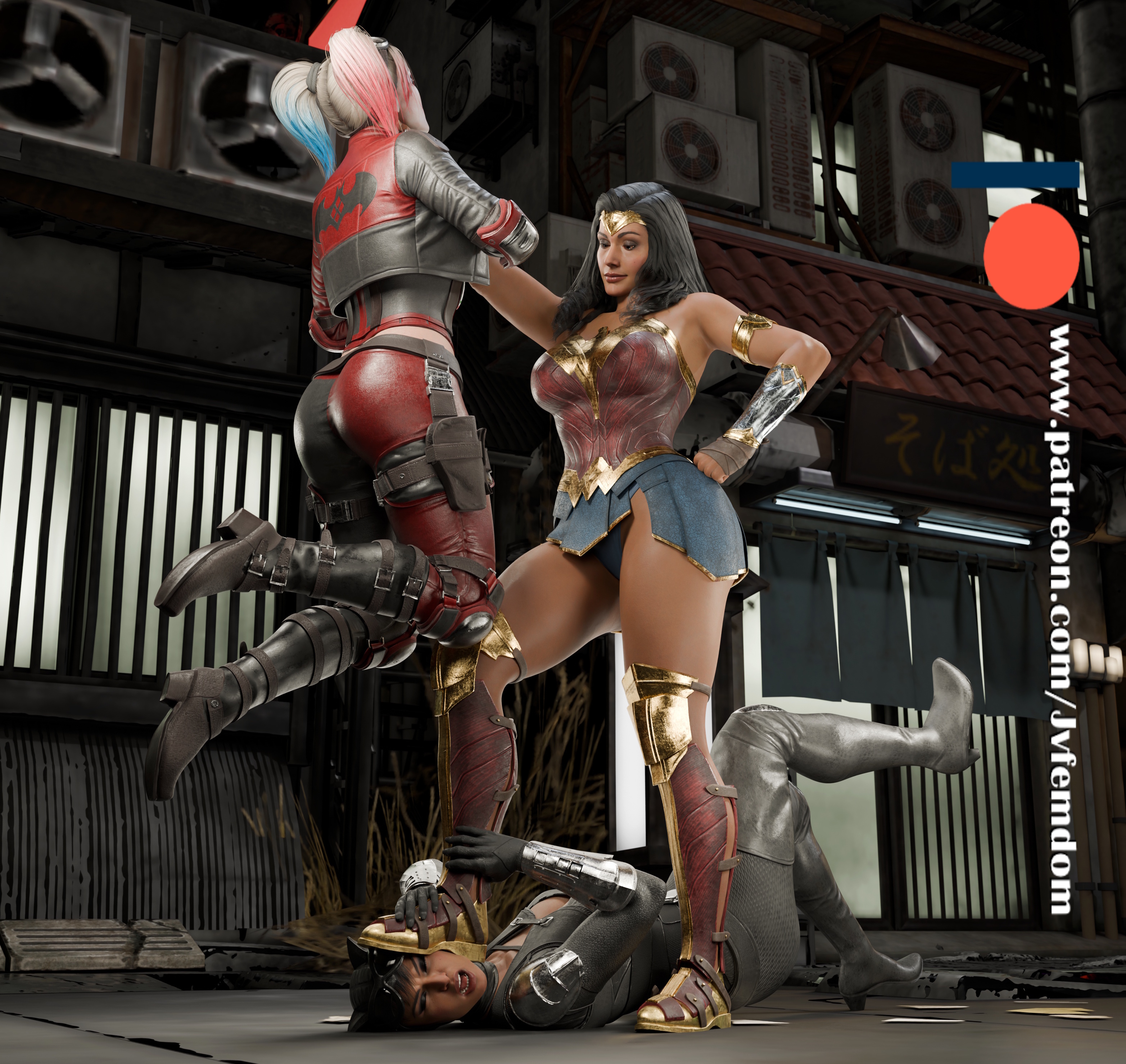 3d, 3girls, absurd res, amazon, armored female, arrogant, ass, batman (series), beaten, black hair, blender, boot fetish, boots, catfight, catwoman, catwoman (injustice), choking, dc, dc comics, defeated, diana prince, dominant, dominant female, domination, dominatrix, female, female domination, femdom, foot on face, foot on head, harley quinn, harley quinn (injustice), helpless, highres, humiliated, humiliating, humiliation, injustice 2, jpeg, jvfemdom, latina, legs, lezdom, light skin, light-skinned female, long hair, looking pleasured, muscular, muscular thighs, pinned, pinned down, round ass, round butt, sadism, sadistic, sadistic female, selina kyle, short hair, smile, smirk, smug, smug face, smug grin, stepped on, stepping on face, stepping on head, strangling, submission, submission hold, submissive, suffocation, swimsuit, throat grab, trample, trampling, twintails, utter domination, voluptuous, voluptuous female, wonder woman, wonder woman (injustice), wonder woman (series), wrestling