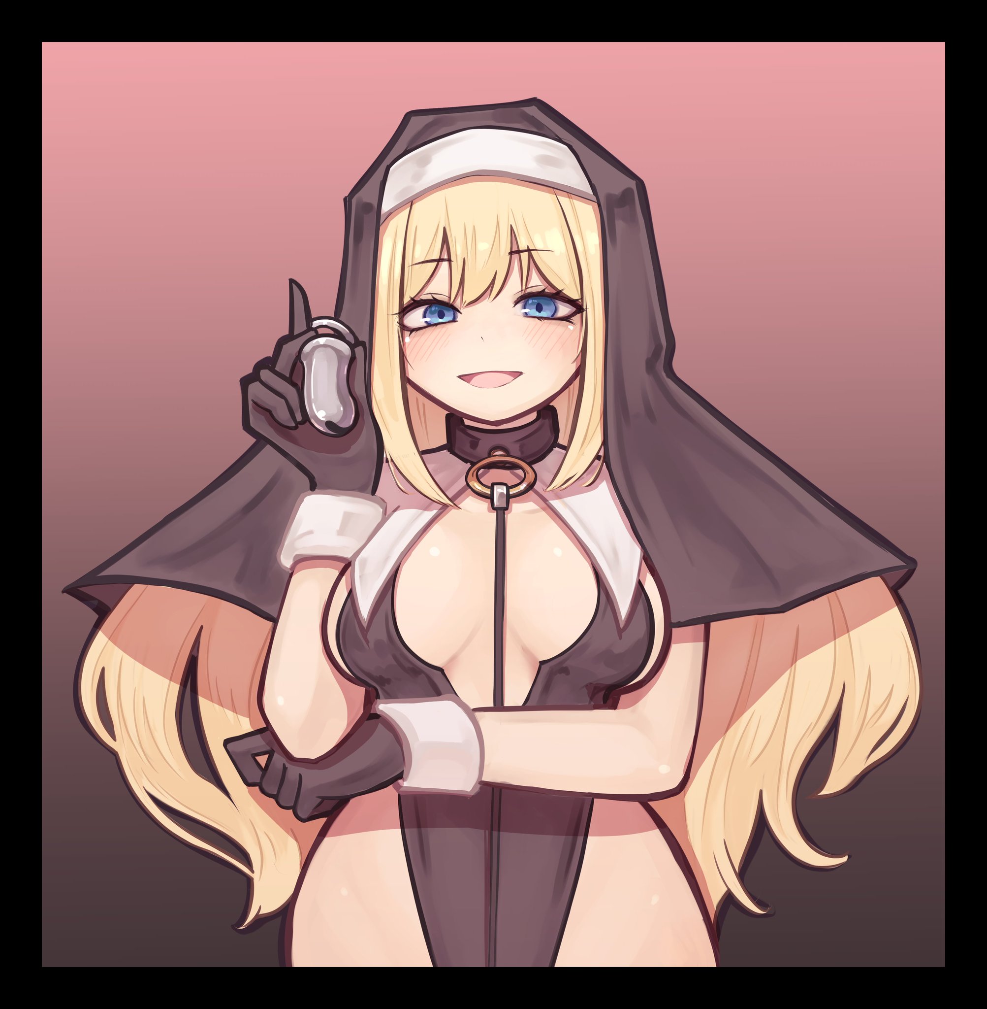 1girls, blonde hair, chastity, chastity cage, chastity device, collar, dominant female, female, female domination, female only, femdom, holding chastity cage, holding object, kikiu bd, long hair, nun, nun hat, smiling at viewer