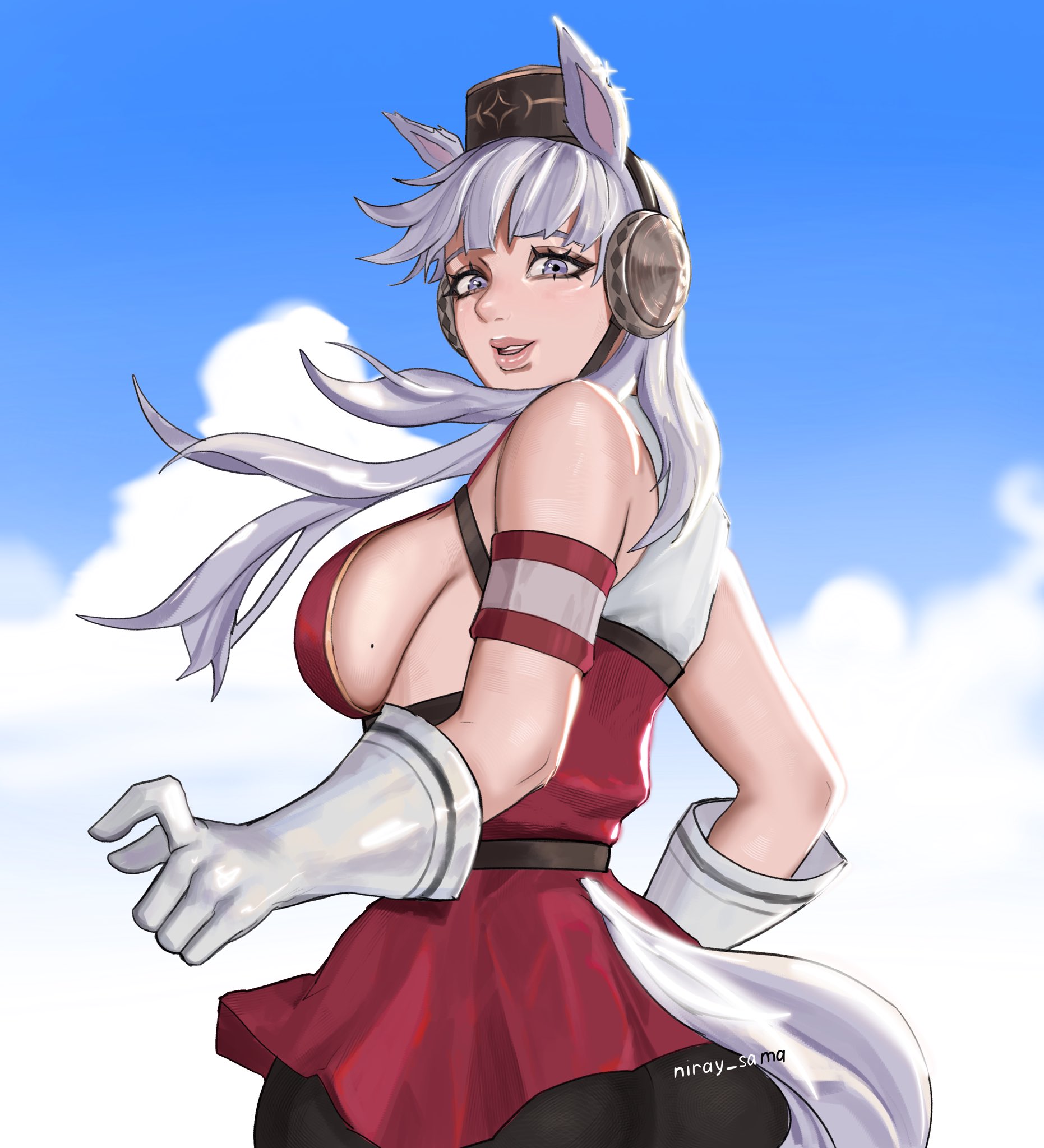 animal ears, armband, black pantyhose, blue sky, blunt bangs, bow, breasts, brown hat, cloud, dress, female, gloves, gold ship (red strife) (umamusume), gold ship (umamusume), grey hair, hat, highres, horse ears, horse girl, horse tail, large breasts, long hair, looking at viewer, looking back, mole, mole on breast, open mouth, pantyhose, parted lips, pillbox hat, purple eyes, red armband, red dress, sideboob, sky, sleeveless, sleeveless dress, smile, solo, striped armband, striped clothes, tail, uchihaniray, umamusume, umamusume pretty derby, upper body, white armband, white gloves